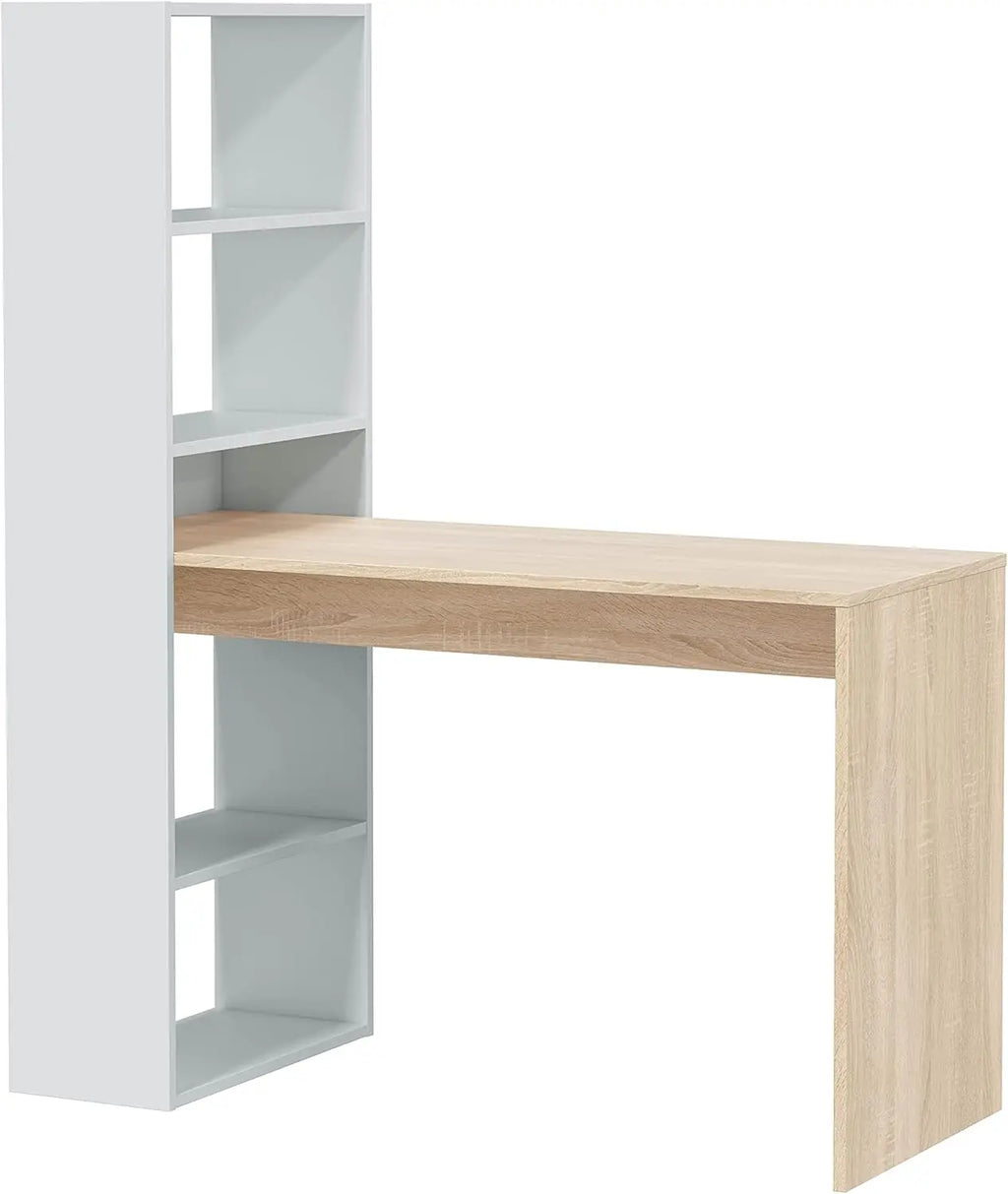 Oficina con Estante Reversible, Mesa Organizadora, Color Blanco Artik y Roble Canadiense, Modelo Doble, Medidas: 120 cm (Ancho) x