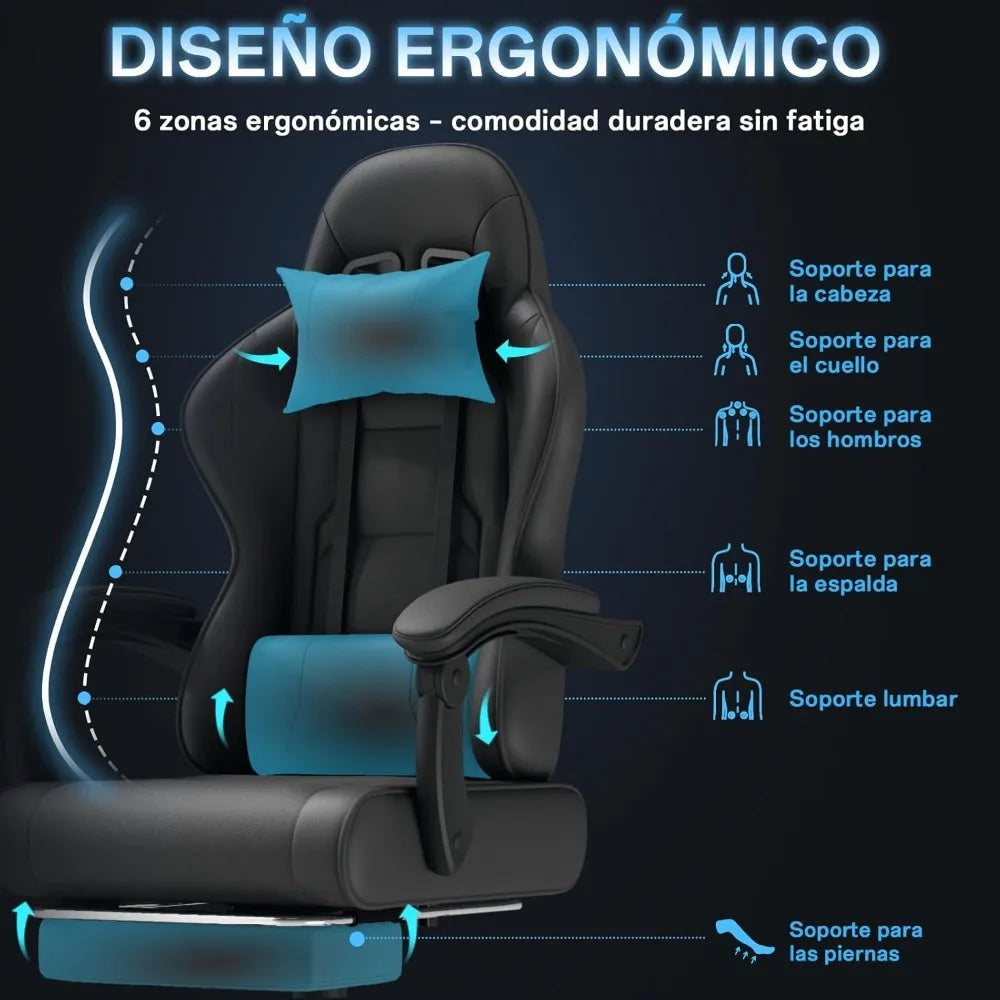 Silla Gaming Profesional con Reposacabezas y Reposapiés, Masaje Ergonómico Lumbar Rosa