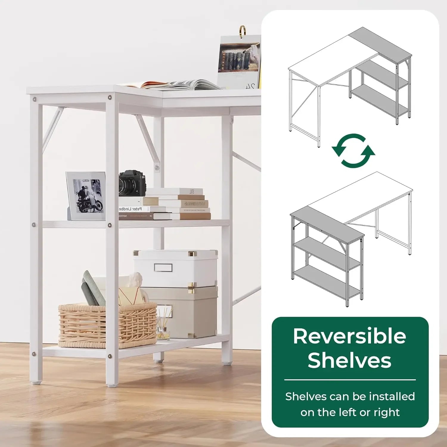 Escritorio de computadora en forma de L de madera con estantes abiertos, escritorio de estudio de 120 cm para sala de estudio, dormitorio, oficina en casa, color blanco