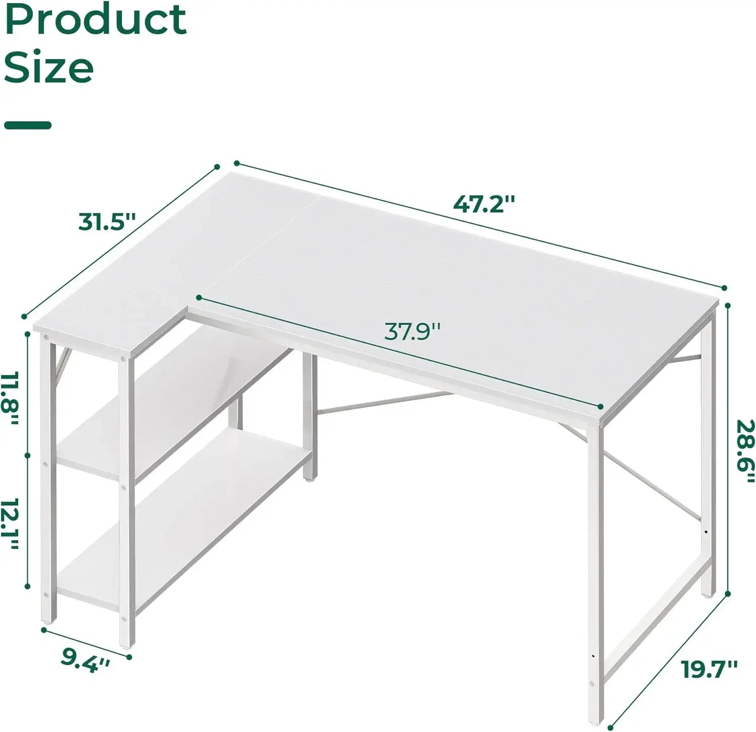 Escritorio de computadora en forma de L de madera con estantes abiertos, escritorio de estudio de 120 cm para sala de estudio, dormitorio, oficina en casa, color blanco