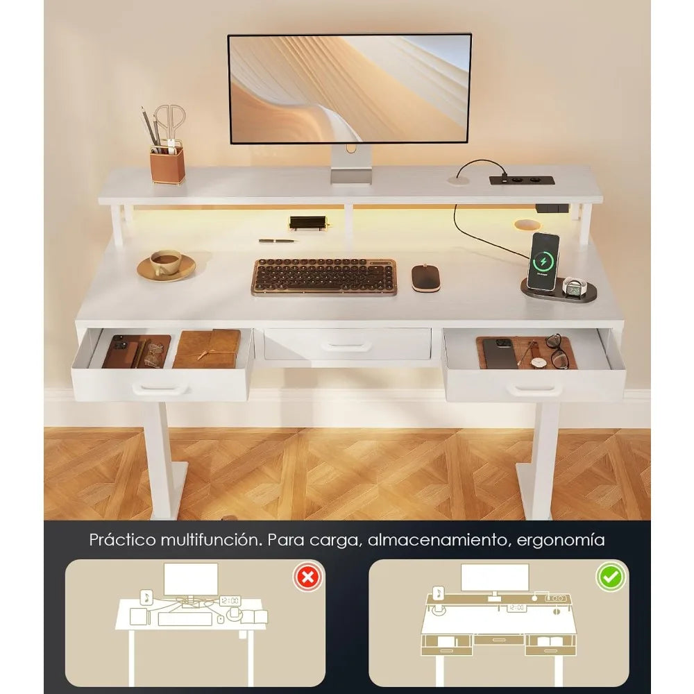 Oficina Elevable con Cajones 120cm Oficina Elevable con Soporte para Monitor Mesa Gaming con Carga y Luces L