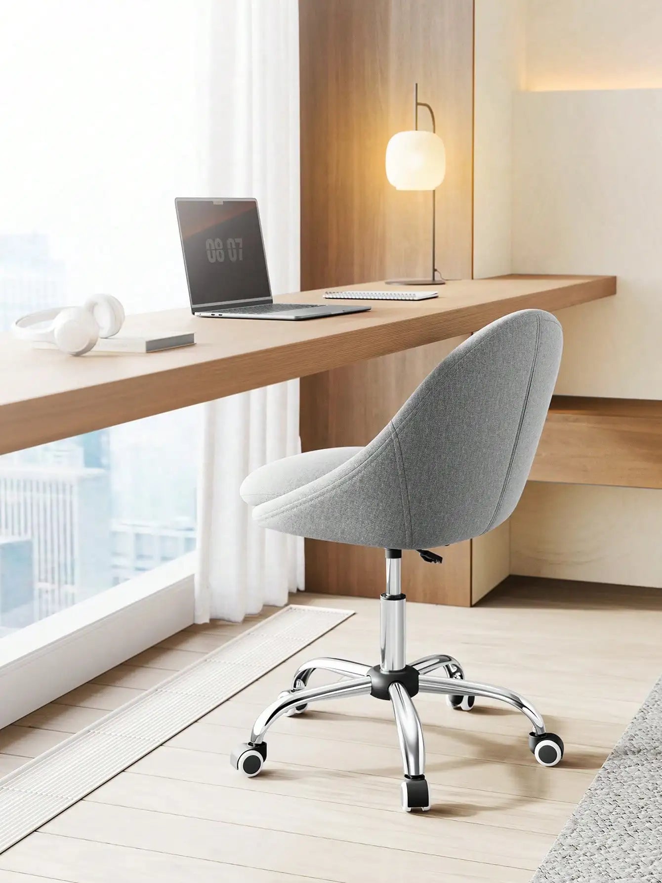 SONGMICS Silla de oficina para el hogar, giratoria de terciopelo, silla de escritorio, acolchada con espuma, altura ajustable, para estudio y dormitorio, gris paloma/azul