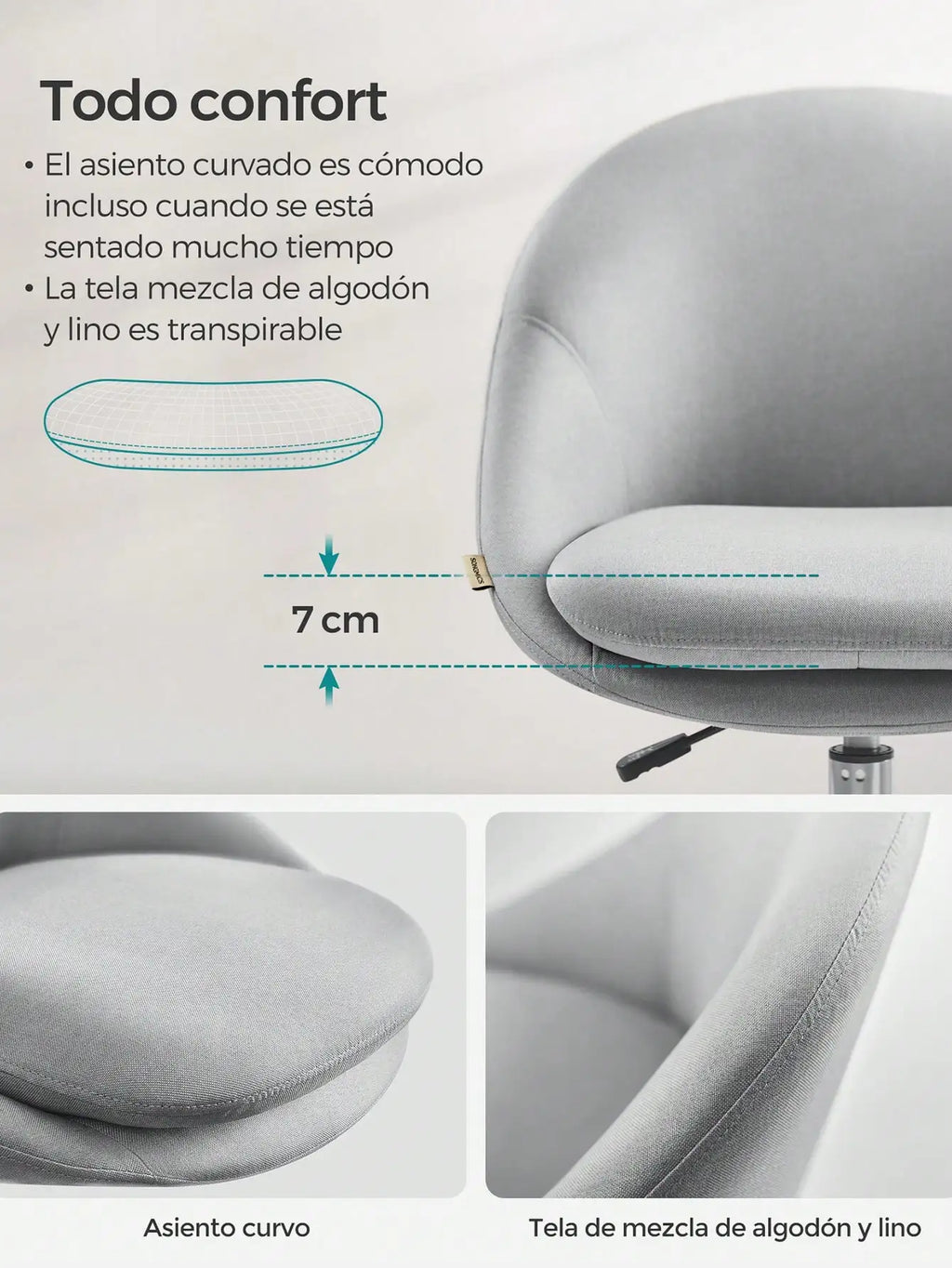 SONGMICS Silla de oficina para el hogar, giratoria de terciopelo, silla de escritorio, acolchada con espuma, altura ajustable, para estudio y dormitorio, gris paloma/azul