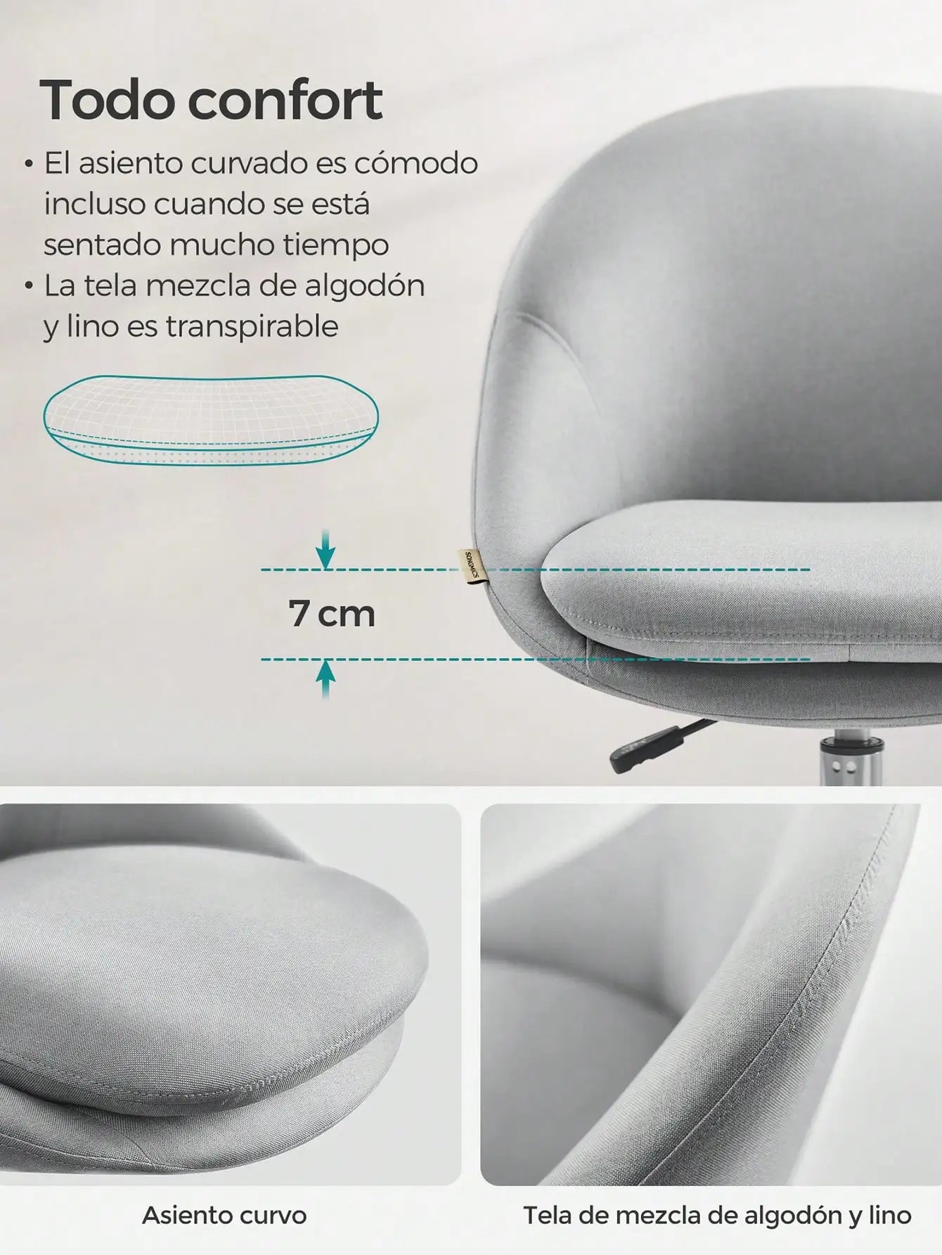 SONGMICS Silla de oficina para el hogar, giratoria de terciopelo, silla de escritorio, acolchada con espuma, altura ajustable, para estudio y dormitorio, gris paloma/azul