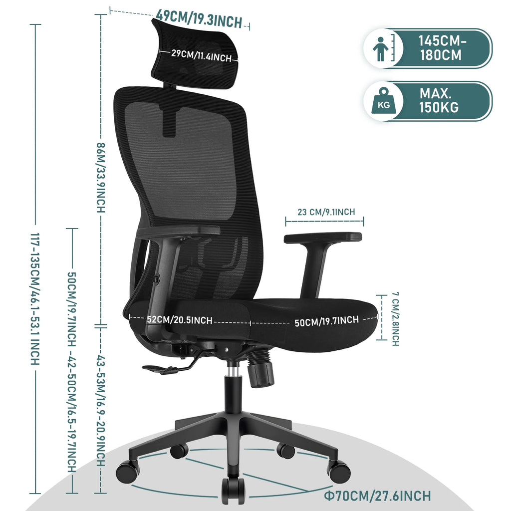 Silla de oficina ergonómica Durrafy, silla de escritorio con reposacabezas ajustable, reposabrazos y soporte lumbar, sillas giratorias de malla, color negro