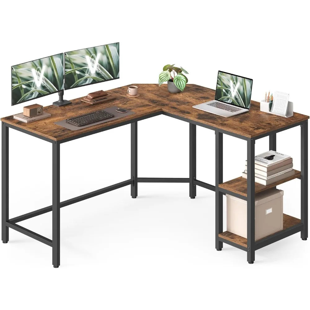 Escritorio de computadora en forma de L, 120 x 130 x 76 cm, esquinero con 2 estantes, ahorra espacio, para oficina, hogar y juegos, marrón rústico y negro