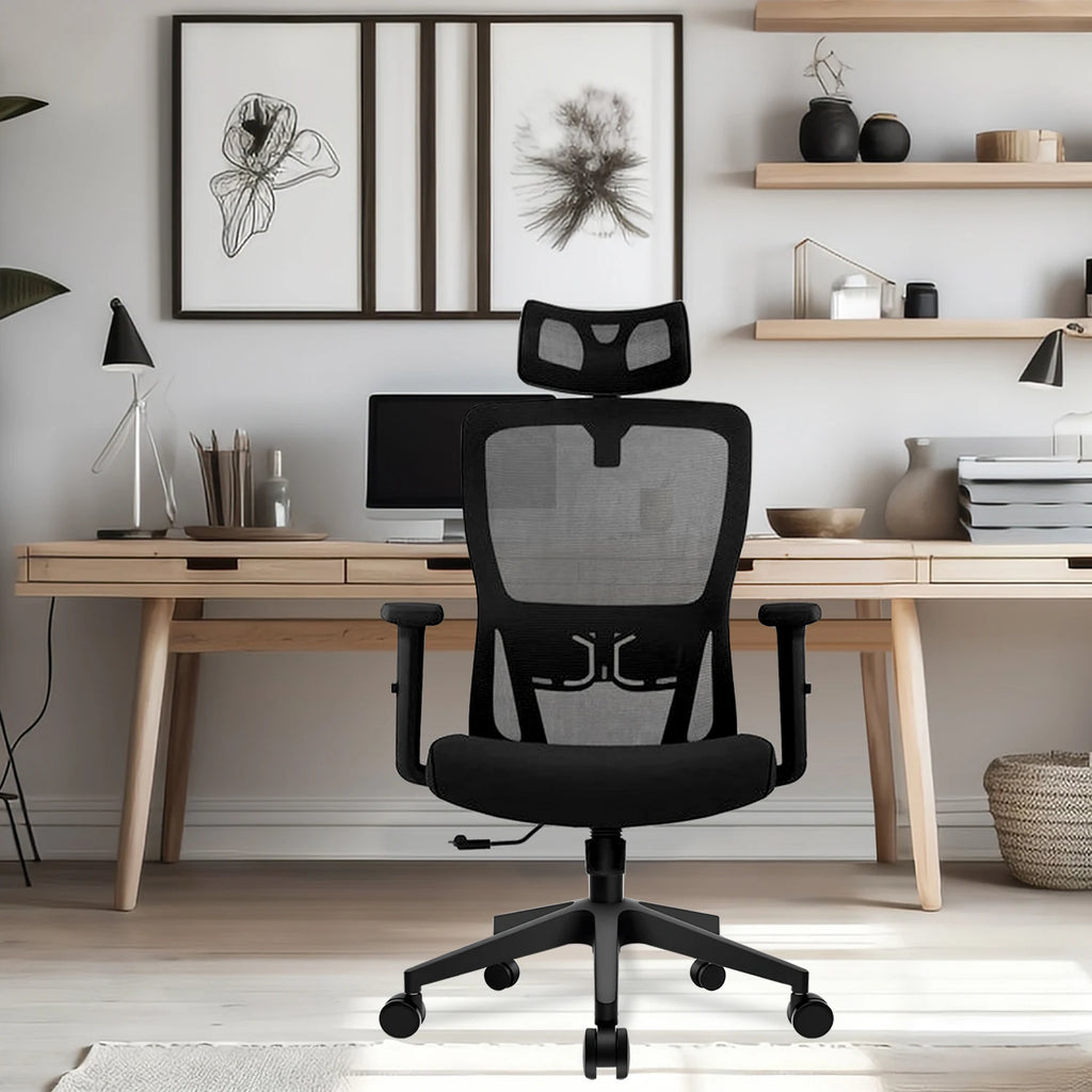 Silla de oficina ergonómica Durrafy, silla de escritorio con reposacabezas ajustable, reposabrazos y soporte lumbar, sillas giratorias de malla, color negro