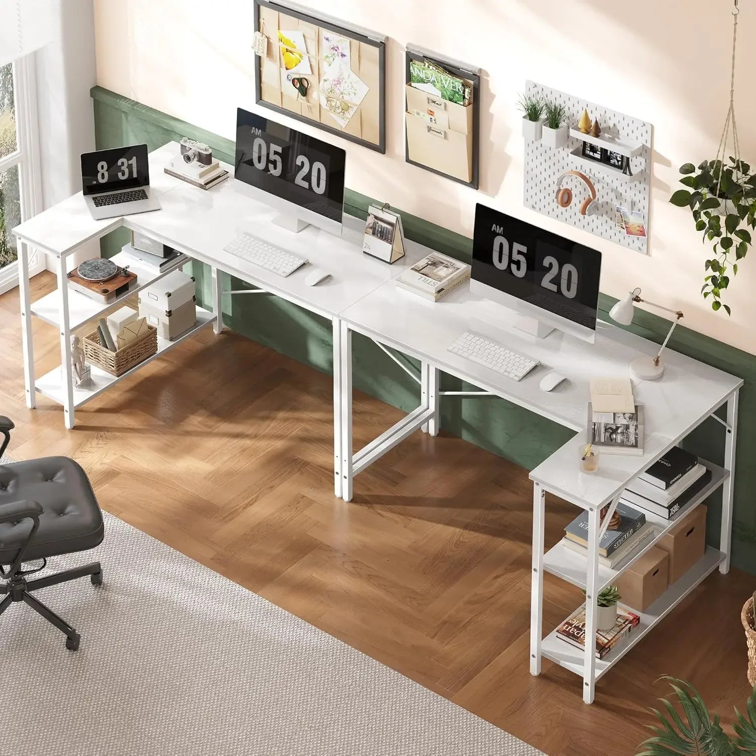 Escritorio de computadora en forma de L de madera con estantes abiertos, escritorio de estudio de 120 cm para sala de estudio, dormitorio, oficina en casa, color blanco