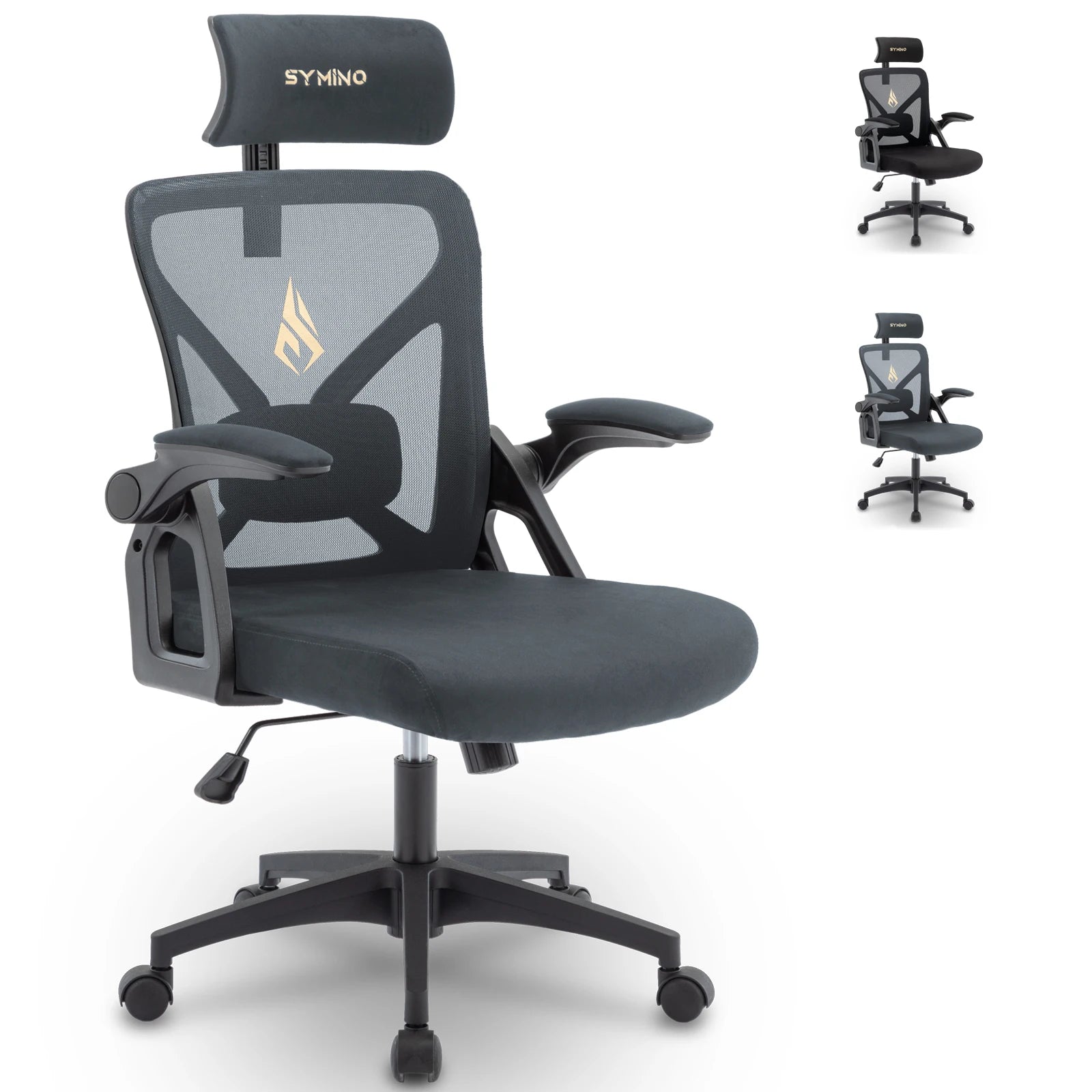 Silla de oficina Symino con reposacabezas ajustable, reposabrazos y soporte lumbar, función ergonómica giratoria y balancín.