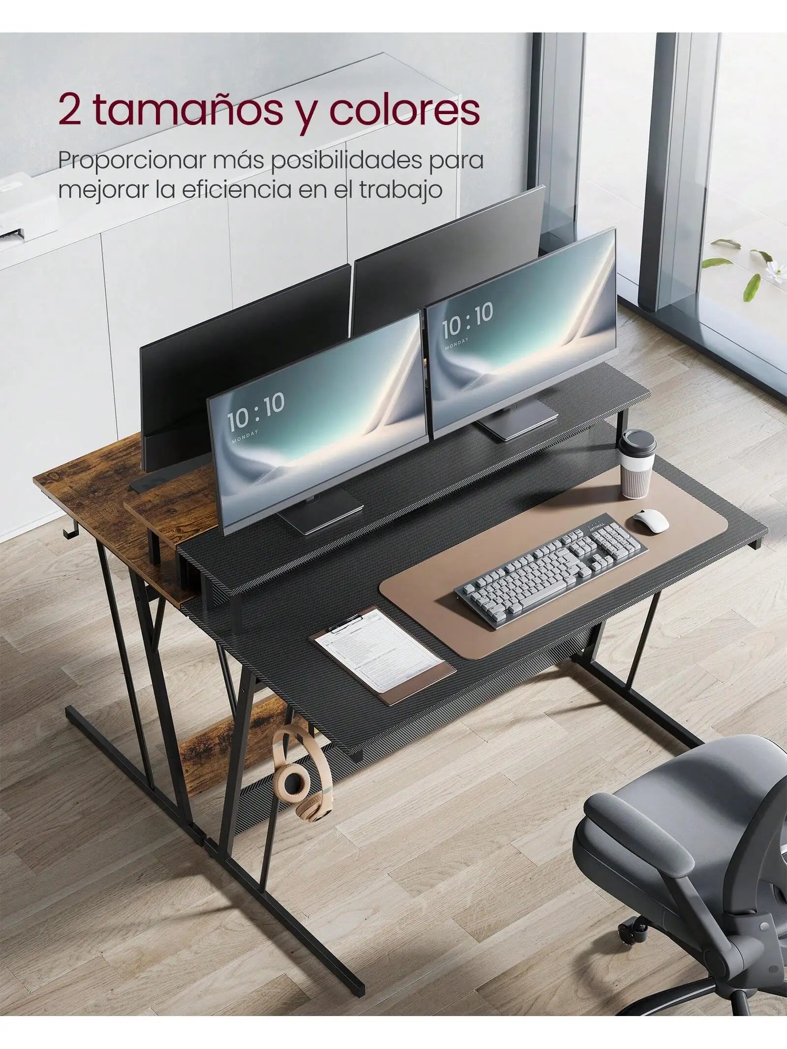 Escritorio para videojuegos VASAGLE: Luces LED, enchufes integrados. Estante para 2 monitores. Escritorio para oficina/dormitorio. 60 x 120 x 76 cm. Color negro carbón.