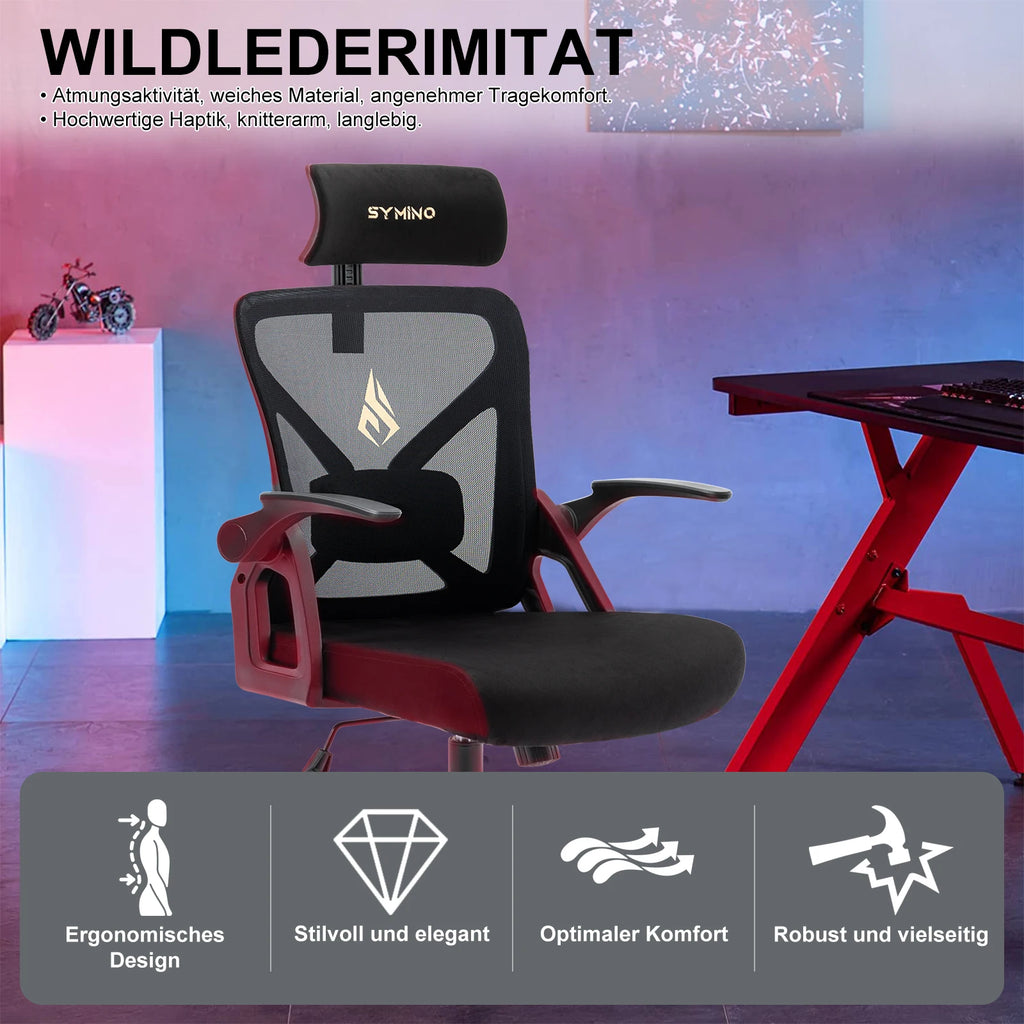 Silla de oficina Symino con reposacabezas ajustable, reposabrazos y soporte lumbar, función ergonómica giratoria y balancín.