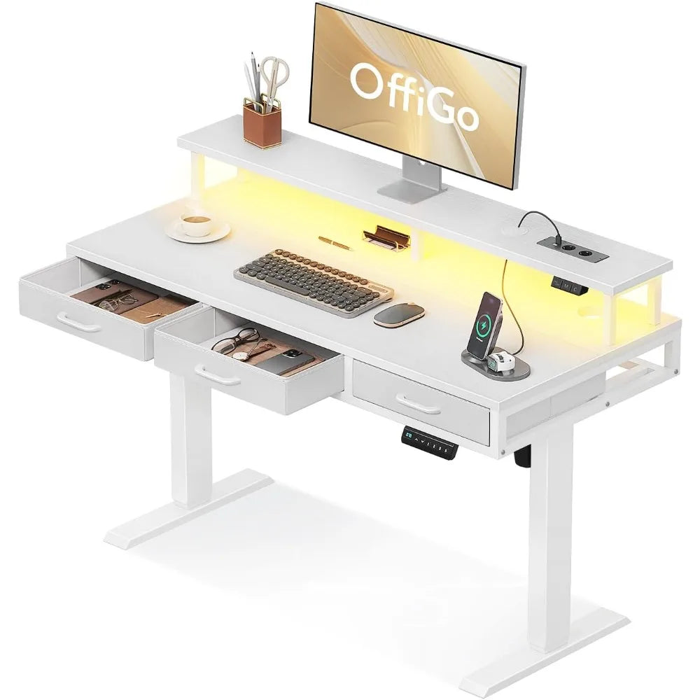 Oficina Elevable con Cajones 120cm Oficina Elevable con Soporte para Monitor Mesa Gaming con Carga y Luces L