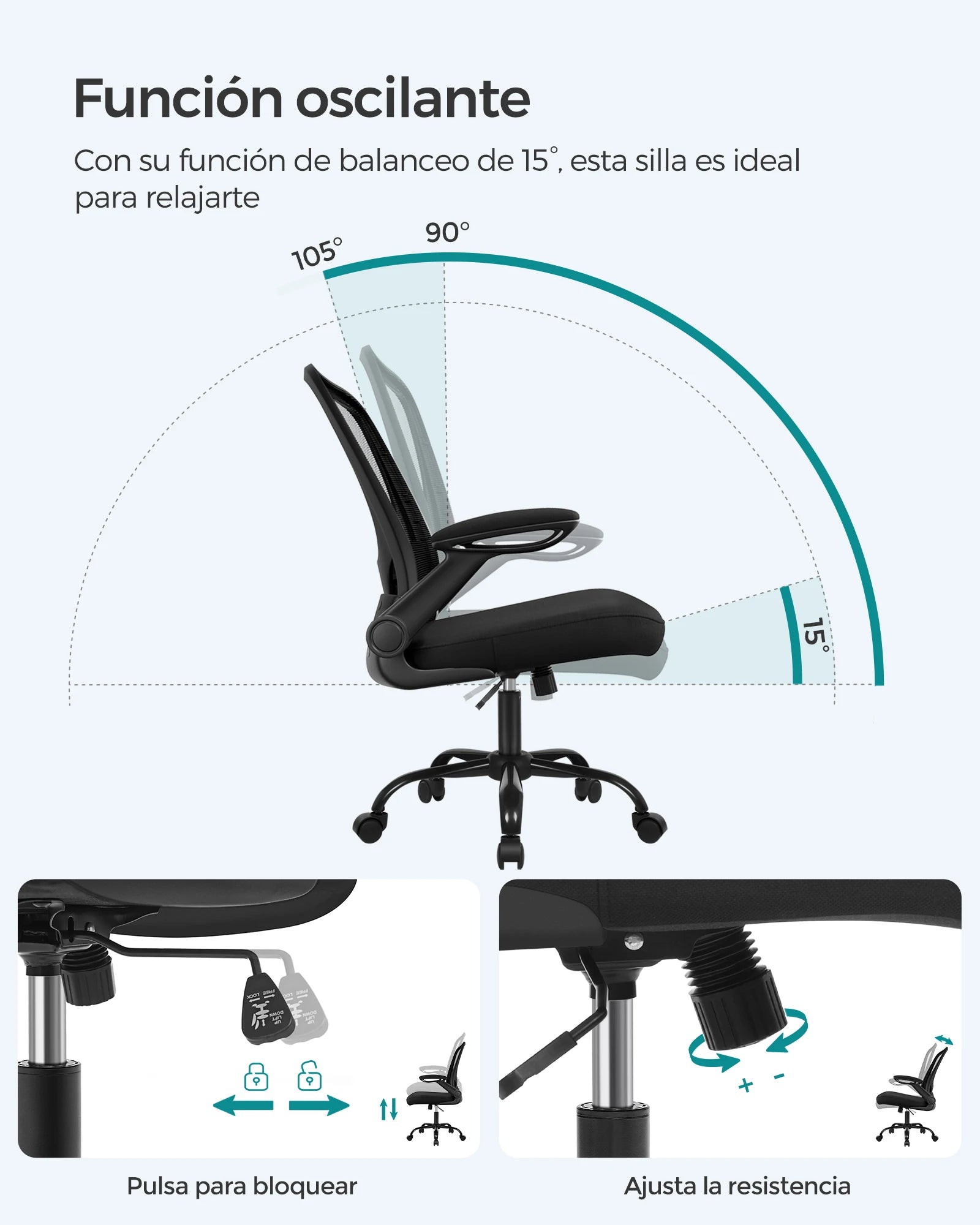 Silla de oficina SONGMICS, silla de escritorio de malla, silla ergonómica para ordenador, soporte lumbar, mecedora, ancho del asiento 53 cm, reposabrazos abatibles