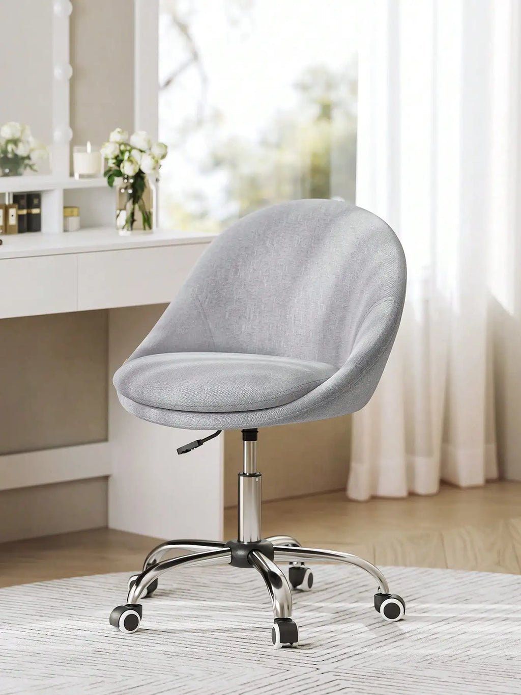 SONGMICS Silla de oficina para el hogar, giratoria de terciopelo, silla de escritorio, acolchada con espuma, altura ajustable, para estudio y dormitorio, gris paloma/azul