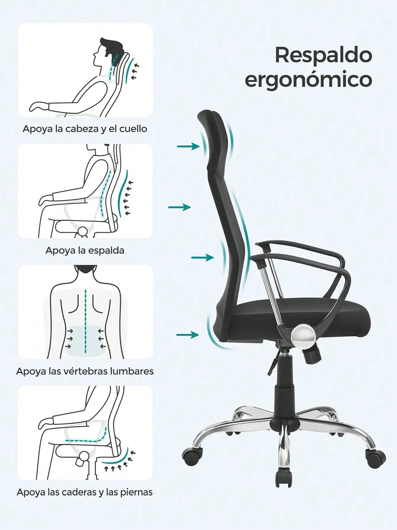 Silla de oficina SONGMICS, silla ergonómica de escritorio, silla giratoria, asiento tapizado, altura e inclinación ajustables, carga 120 kg, color negro tinta