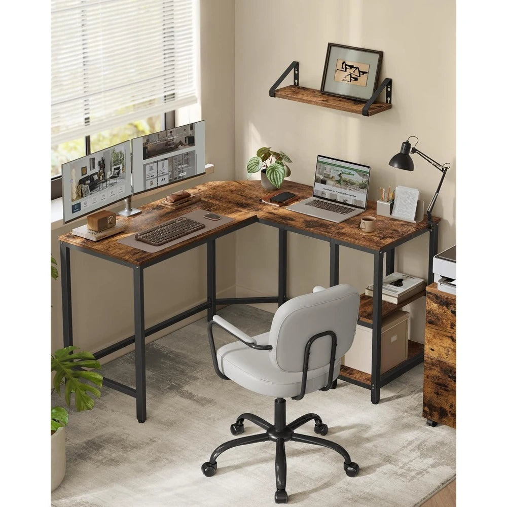 Escritorio de computadora en forma de L, 120 x 130 x 76 cm, esquinero con 2 estantes, ahorra espacio, para oficina, hogar y juegos, marrón rústico y negro