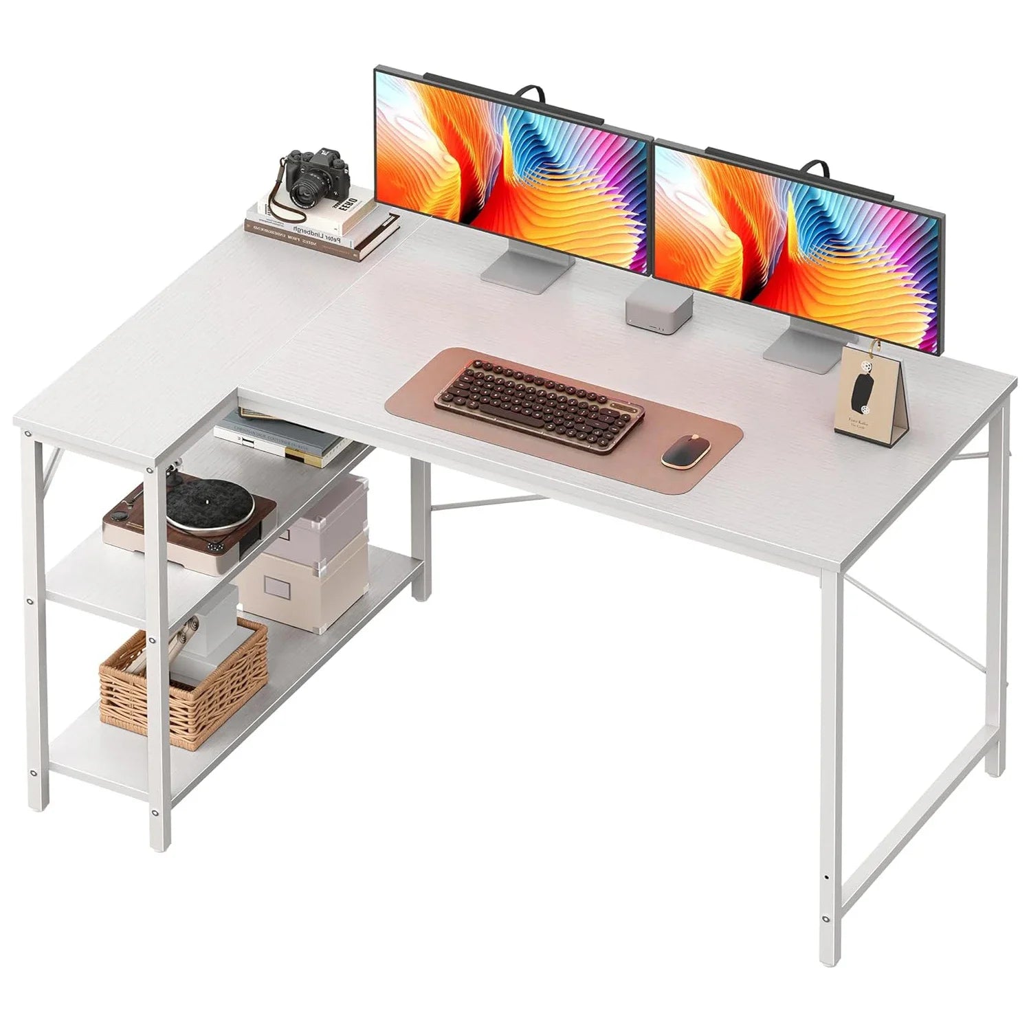 Escritorio de computadora en forma de L de madera con estantes abiertos, escritorio de estudio de 120 cm para sala de estudio, dormitorio, oficina en casa, color blanco