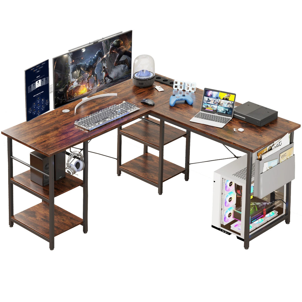 Escritorio de estilo industrial en forma de L, ajustable, 140/230 cm, con almacenamiento y enchufe integrado