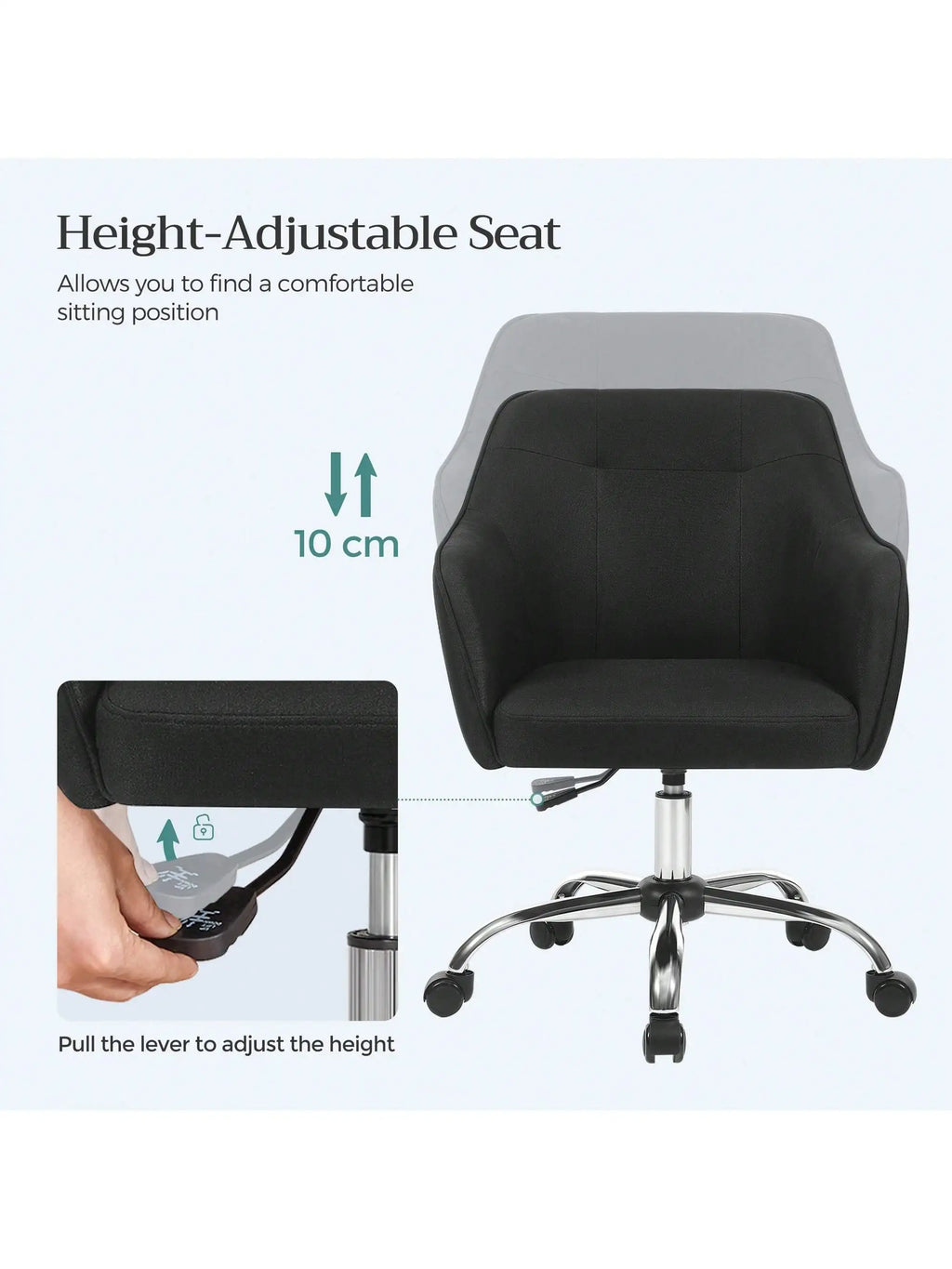 Silla de estudio SONGMICS, giratoria, altura ajustable, capacidad de carga de 110 kg, estructura de acero, tela transpirable de algodón y lino, ideal para estudio y dormitorio.