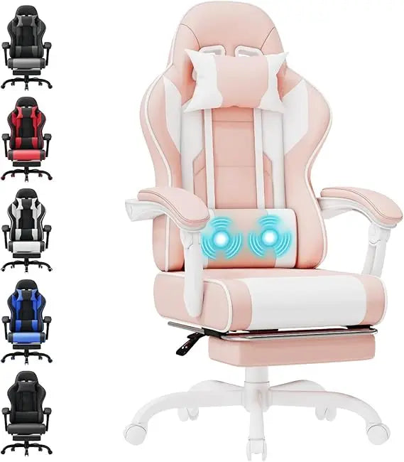 Silla Gaming Profesional con Reposacabezas y Reposapiés, Masaje Ergonómico Lumbar Rosa