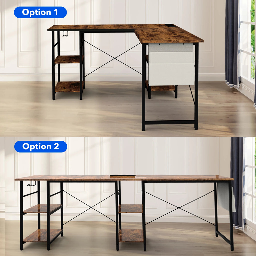 Escritorio de estilo industrial en forma de L, ajustable, 140/230 cm, con almacenamiento y enchufe integrado