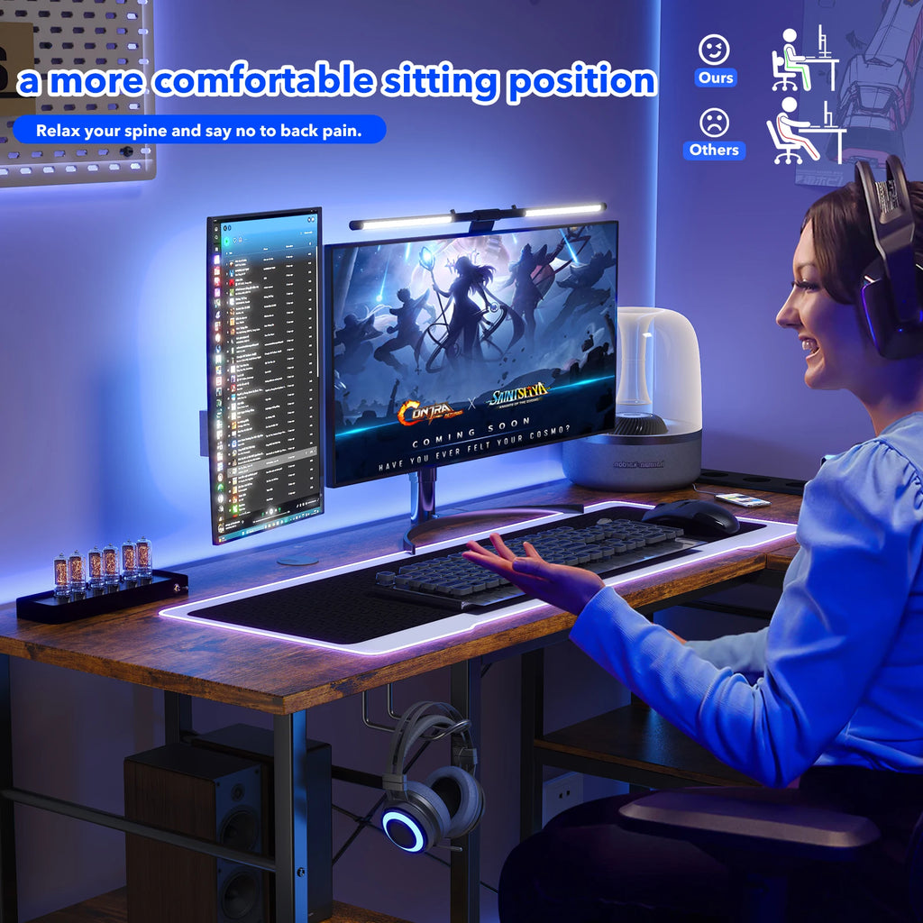 Escritorio de estilo industrial en forma de L, ajustable, 140/230 cm, con almacenamiento y enchufe integrado