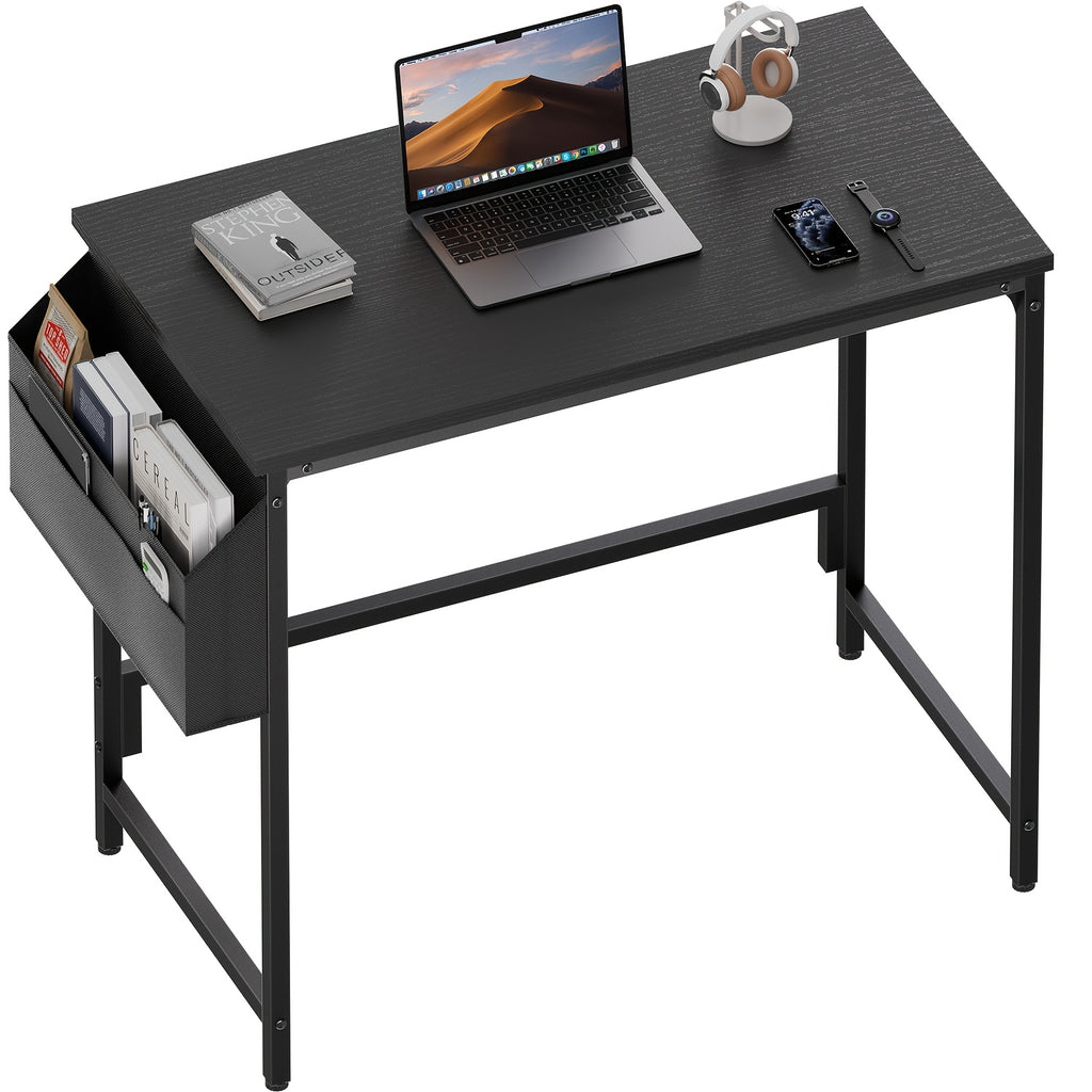 Escritorio de computadora moderno y compacto de 32/40 pulgadas con reposapiés ajustables y bolsa de almacenamiento. Estación de trabajo independiente de madera, acabado pulido, compacto para el hogar y la oficina.