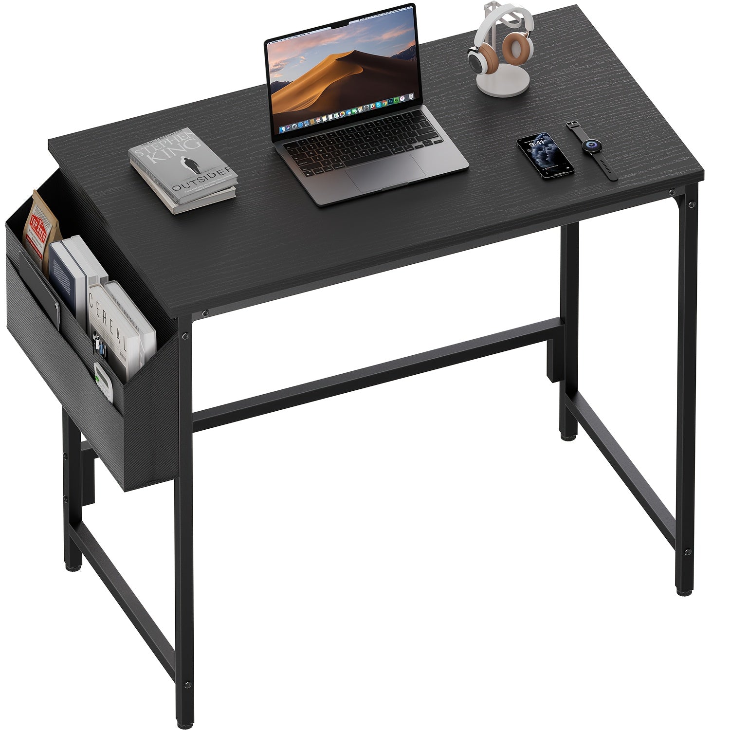 Escritorio de computadora moderno y compacto de 32/40 pulgadas con reposapiés ajustables y bolsa de almacenamiento. Estación de trabajo independiente de madera, acabado pulido, compacto para el hogar y la oficina.