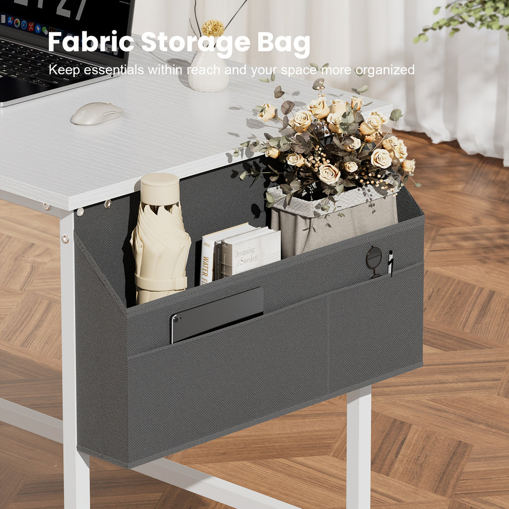 Escritorio de computadora moderno y compacto de 32/40 pulgadas con reposapiés ajustables y bolsa de almacenamiento. Estación de trabajo independiente de madera, acabado pulido, compacto para el hogar y la oficina.