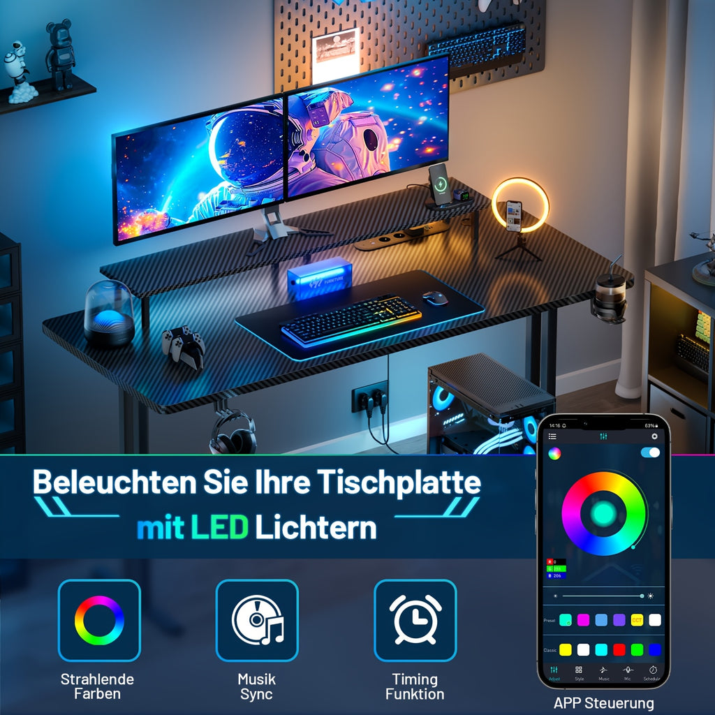 Escritorio de oficina con tomas de corriente y soporte para monitor, 3 tamaños de escritorios gaming para casa/oficina, diseño de dos patas, gancho para auriculares y portavasos, para teletrabajadores.