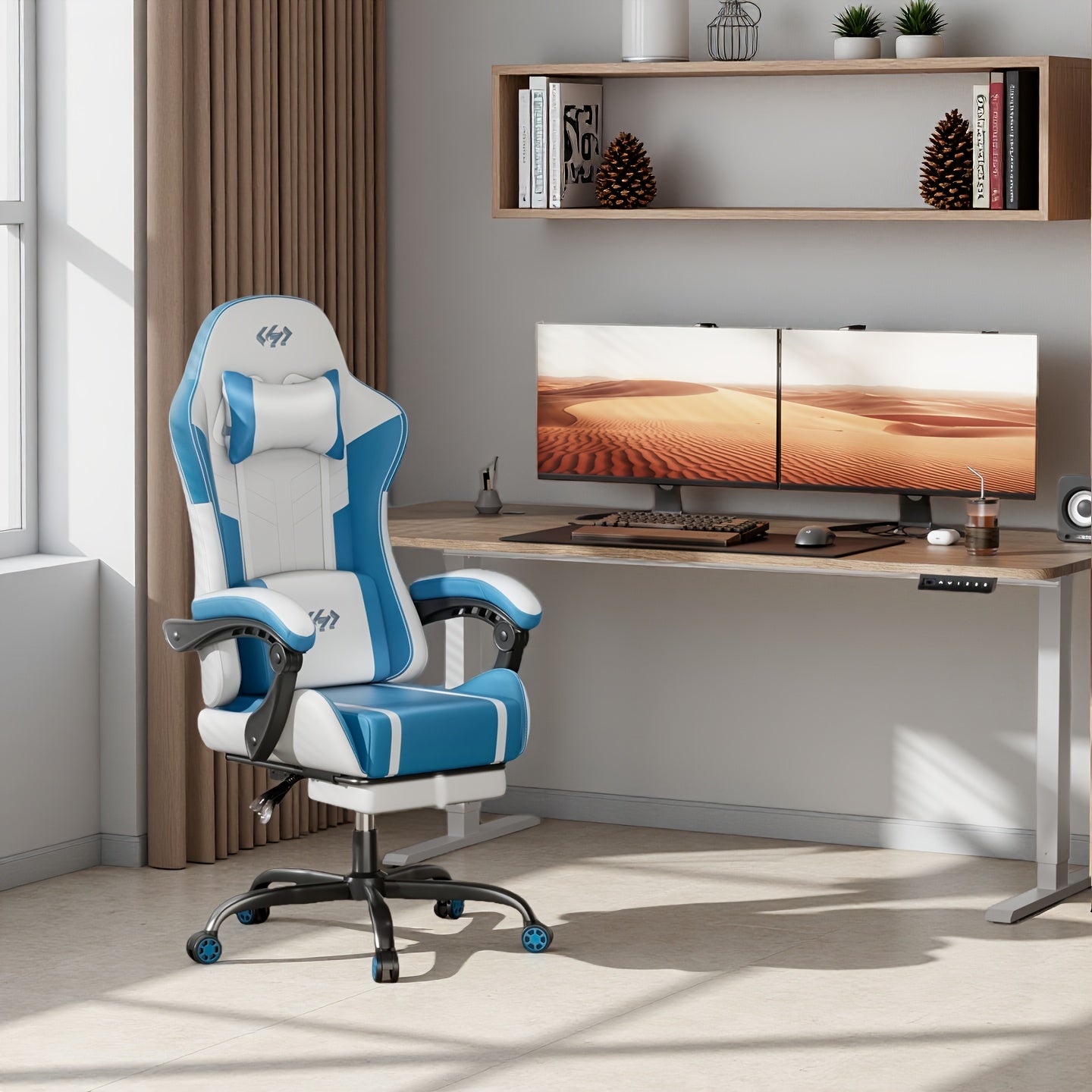 Silla ergonómica para juegos, silla de oficina con reposacabezas y soporte lumbar de masaje. La silla Racing cuenta con ángulo de reclinación ajustable y reposapiés. Fabricada en cuero sintético PU duradero. El mejor regalo para papá y novio.