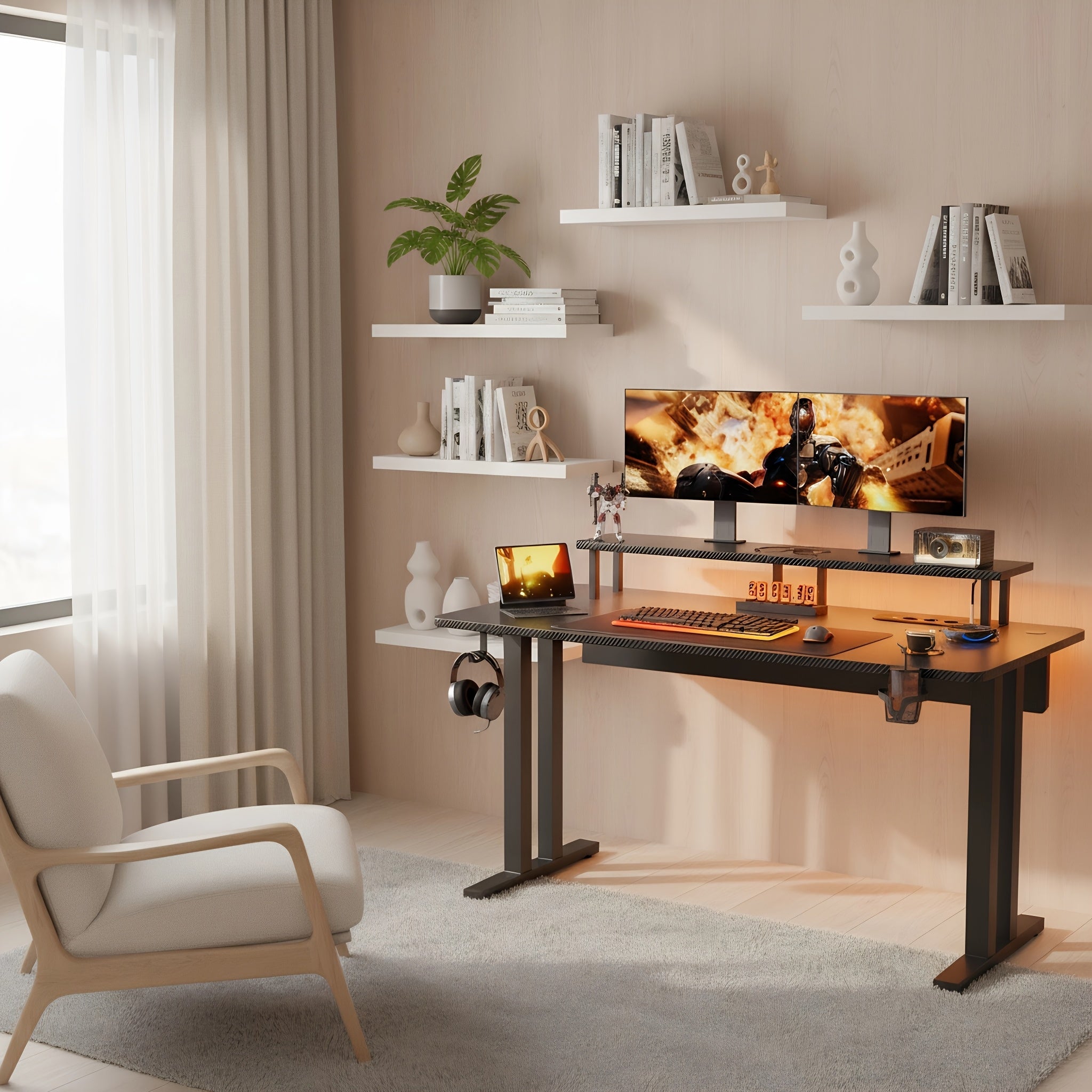 Escritorio gaming VIVENTA de fibra de carbono de 119,38 cm | Estación de trabajo gamer todo en uno con soporte para monitor, gancho para auriculares, portavasos y colgador para mando, escritorio ergonómico español para oficina en casa - Negro