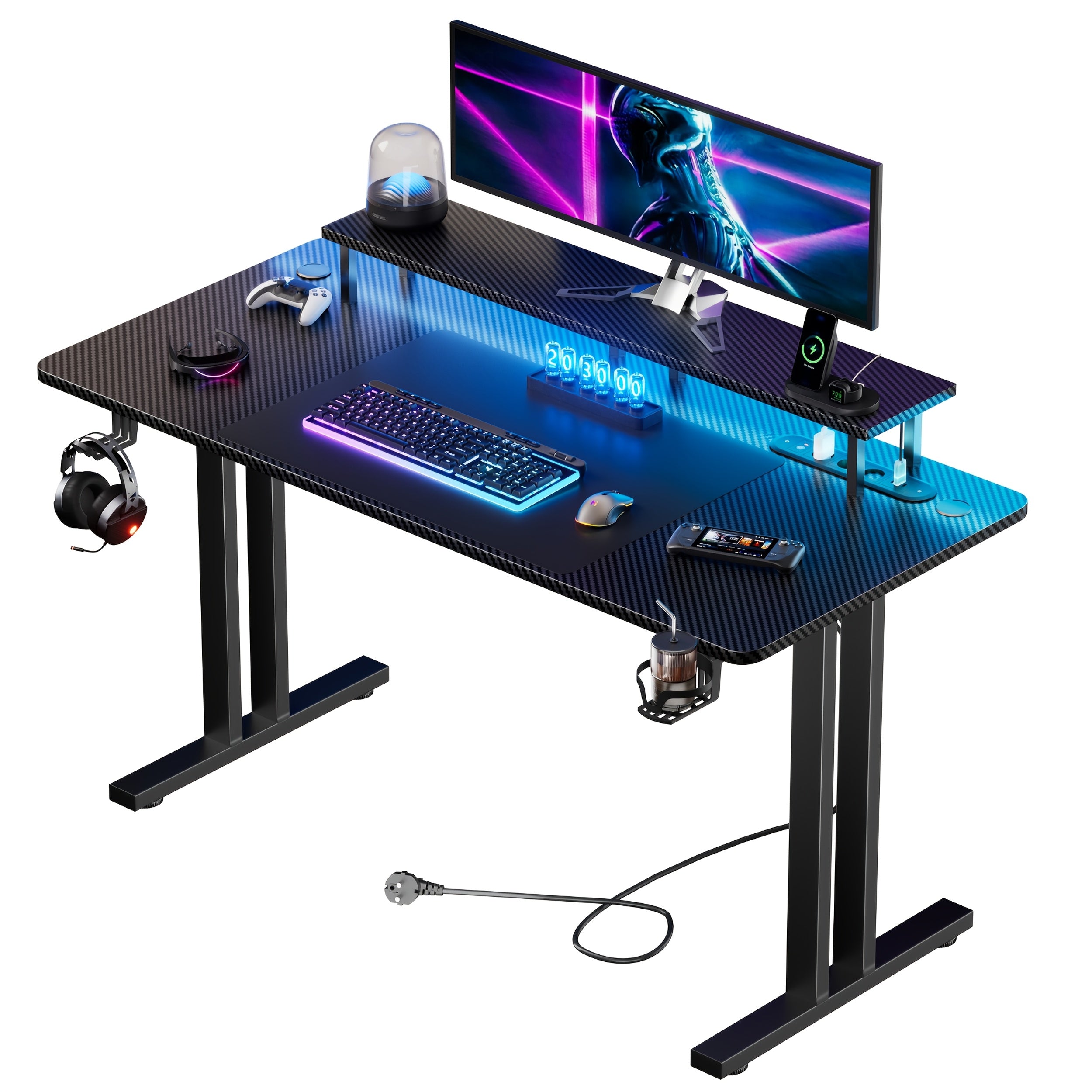 Escritorio de oficina con tomas de corriente y soporte para monitor, 3 tamaños de escritorios gaming para casa/oficina, diseño de dos patas, gancho para auriculares y portavasos, para teletrabajadores.