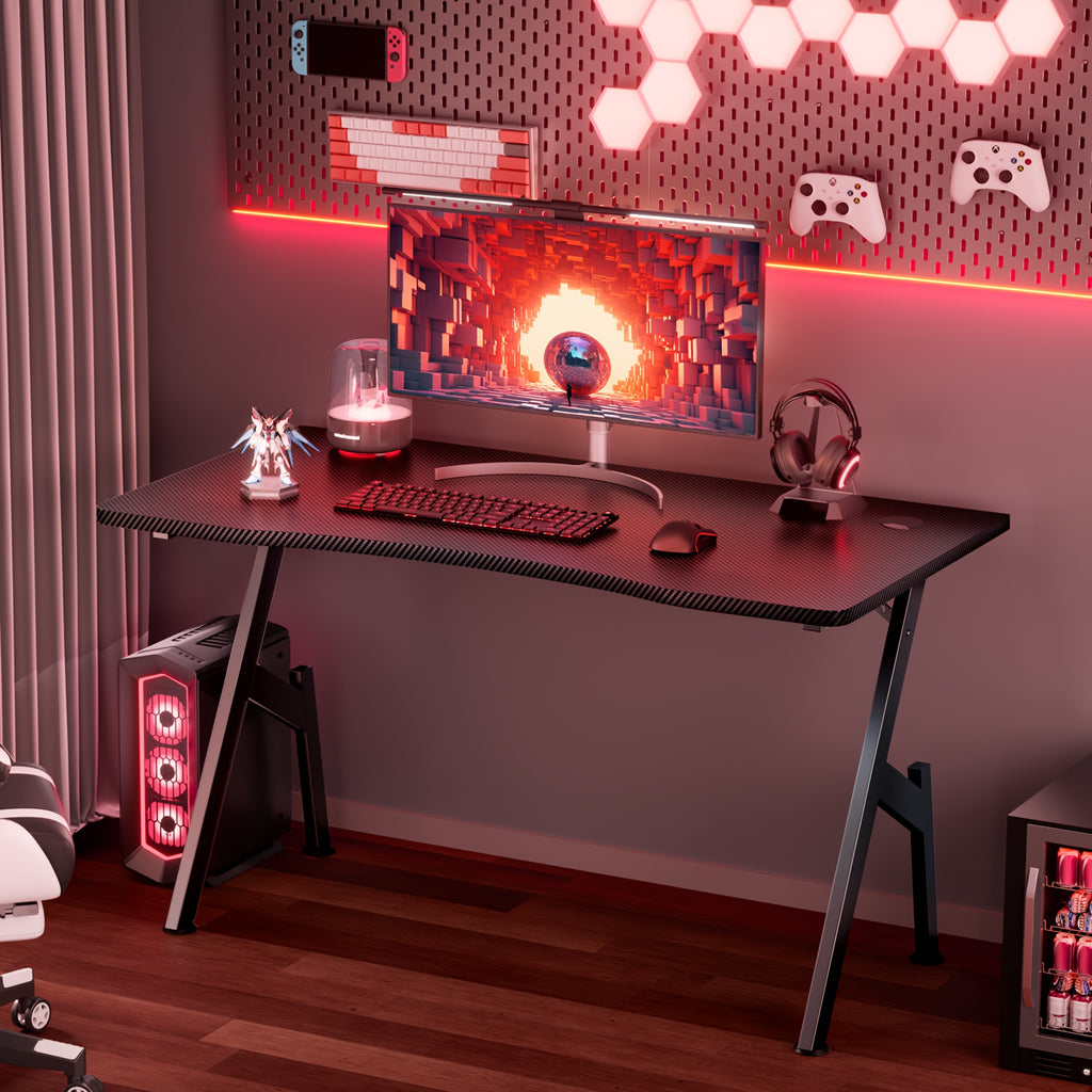Furnishia 101.6 cm A-Shape Gaming Desk with Carbon Fiber Texture Desktop, Ergonomic Design & Adjustable Height - Spacious Computer Desk with Foot Pads, Sturdy A-Frame Construction for Home Office, Bedroom, Gaming Setup - Blac