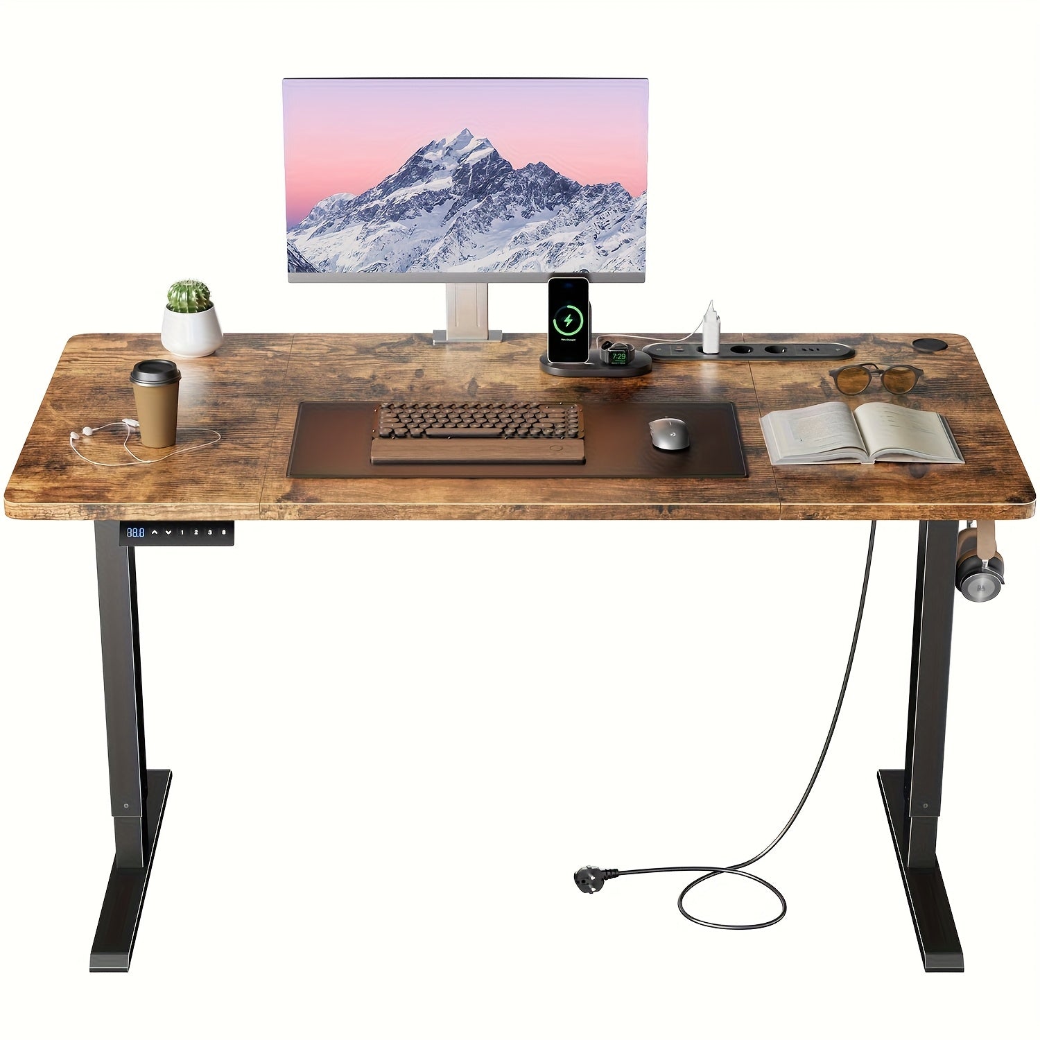 Electric Height-Adjustable Sit-Stand Desk with Built-in Power Socket & USB Port, 3-Memory Presets, Quiet Motor (Under 50dB), Wide Two-Panel Desktop, Heavy-Duty T-Leg Design, Overheat & -Crush - Home Office Computer Desk