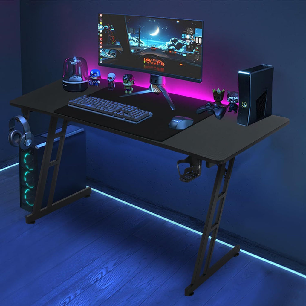 Ergonomic Height-Adjustable Gaming Desk with Carbon Fiber Surface, Cable Management Holes, Headphone Holder & Cup Cup Holder - Durable Plastic Computer Desk for PC Gamers & Home Office, Gaming Desk Accessories, Modern Gaming