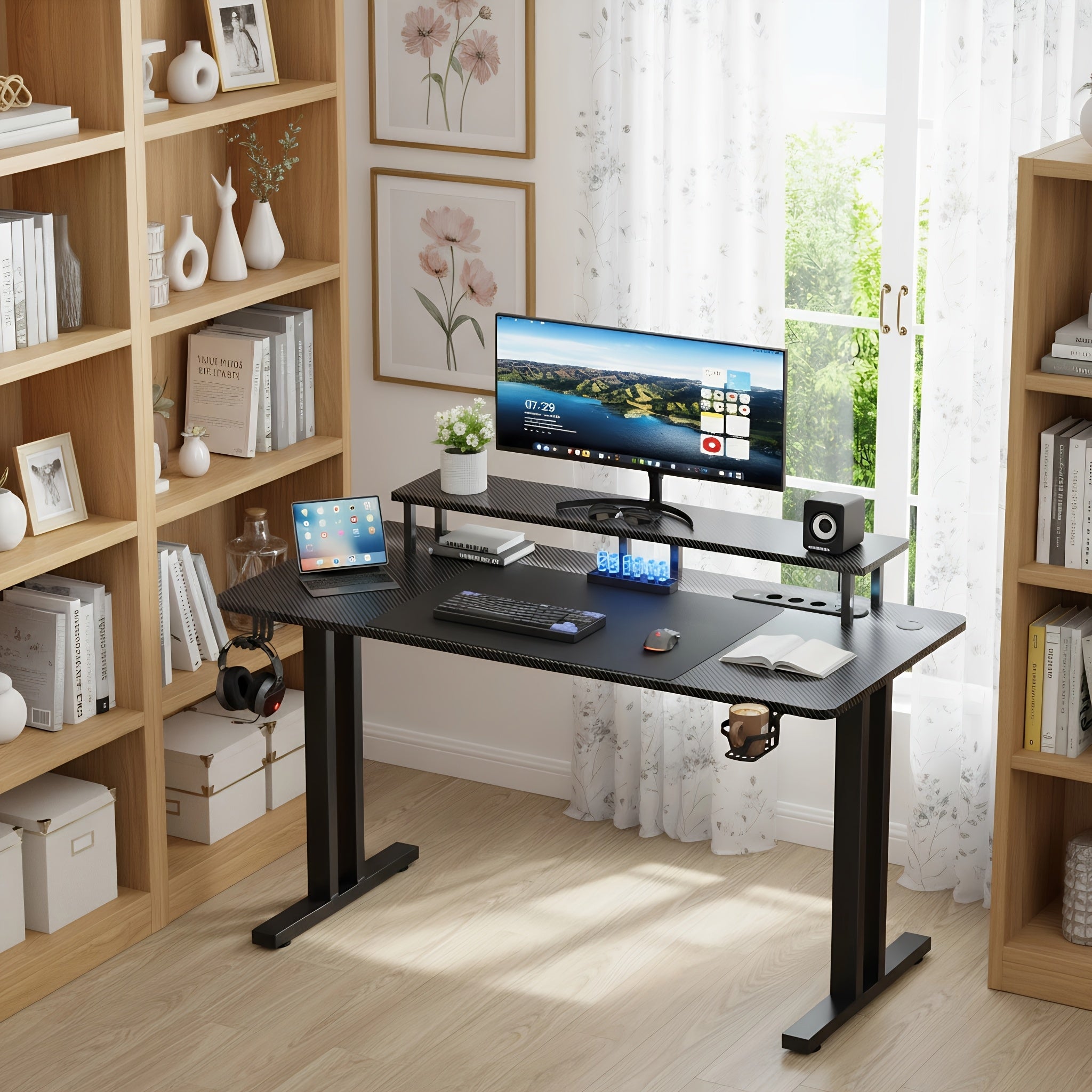 RGB LED Gaming Desk with Power Outlets And Monitor Stand, Ergonomic Computer Gaming Workstation, Large Carbon Fibre Tabletop Home Office Desk with Cup Holder And Headphone Hook, Black, Workstation Setup, Ergonomic Workspace,