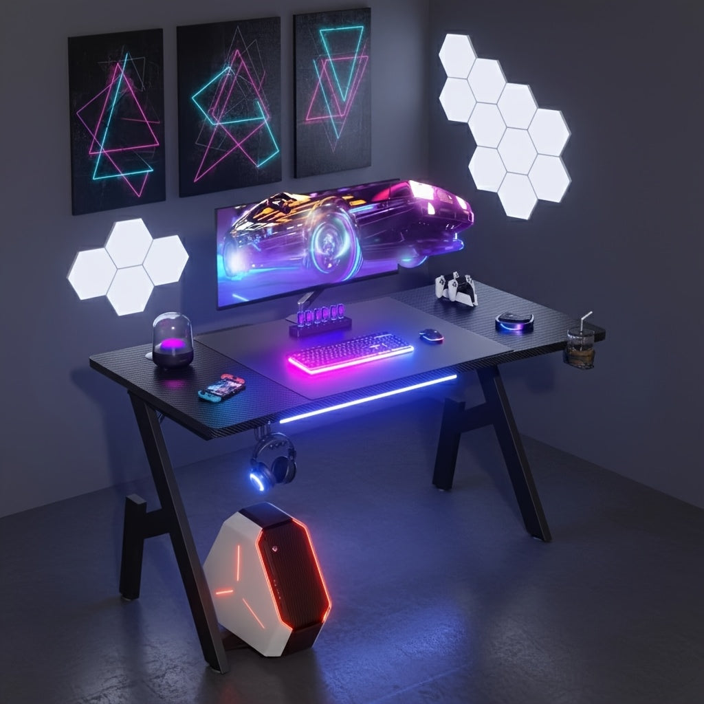 Escritorio de oficina con patas en forma de A, con revestimiento de fibra de carbono, para videojuegos con gancho para auriculares y portavasos, el regalo perfecto para tu novio, ergonómico, de estudio, moderno y elegante.