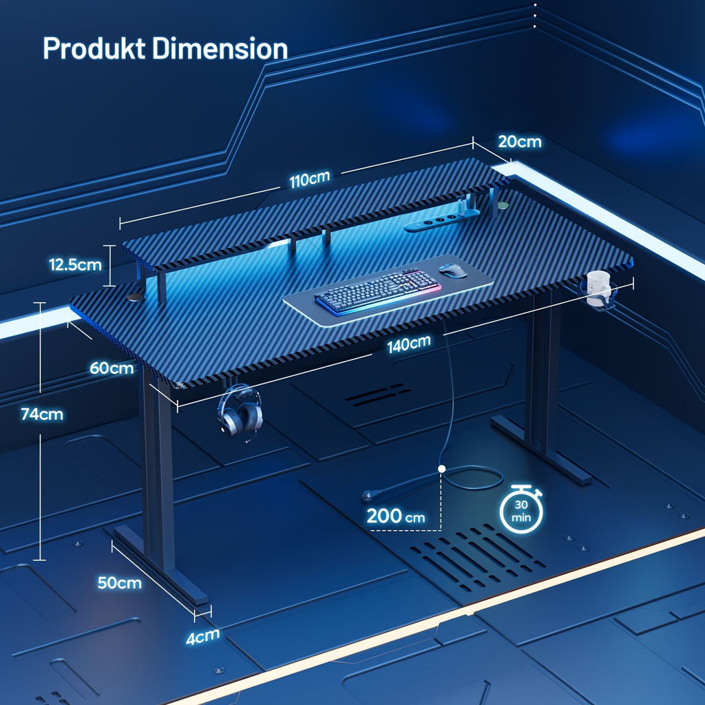 Escritorio de oficina con tomas de corriente y soporte para monitor, 3 tamaños de escritorios gaming para casa/oficina, diseño de dos patas, gancho para auriculares y portavasos, para teletrabajadores.