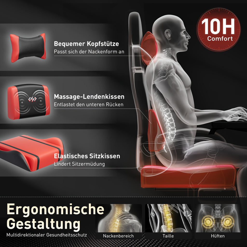 Silla ergonómica para juegos, silla de oficina con reposacabezas y soporte lumbar de masaje. La silla Racing cuenta con ángulo de reclinación ajustable y reposapiés. Fabricada en cuero sintético PU duradero. El mejor regalo para papá y novio.