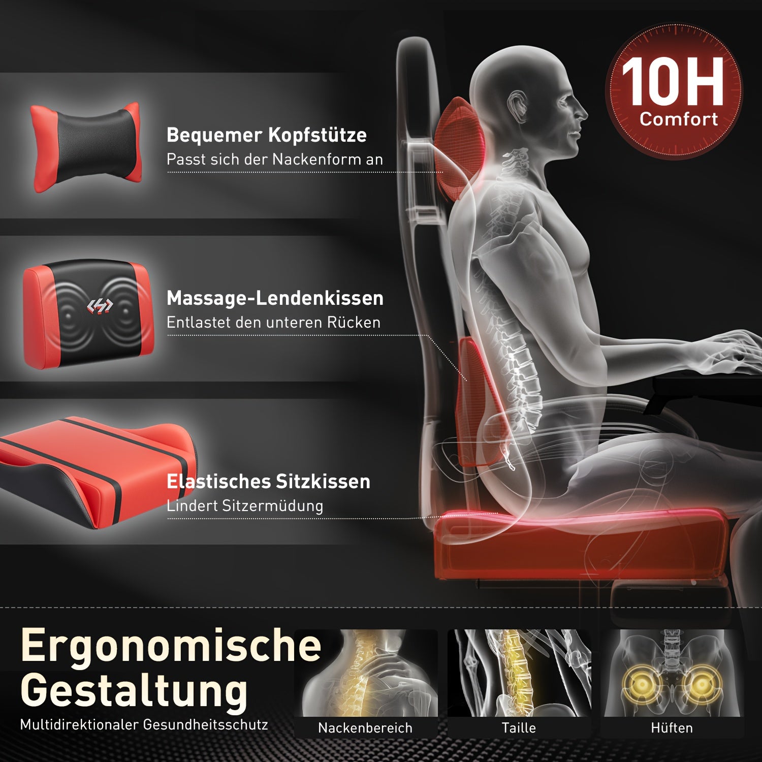 Silla ergonómica para juegos, silla de oficina con reposacabezas y soporte lumbar de masaje. La silla Racing cuenta con ángulo de reclinación ajustable y reposapiés. Fabricada en cuero sintético PU duradero. El mejor regalo para papá y novio.