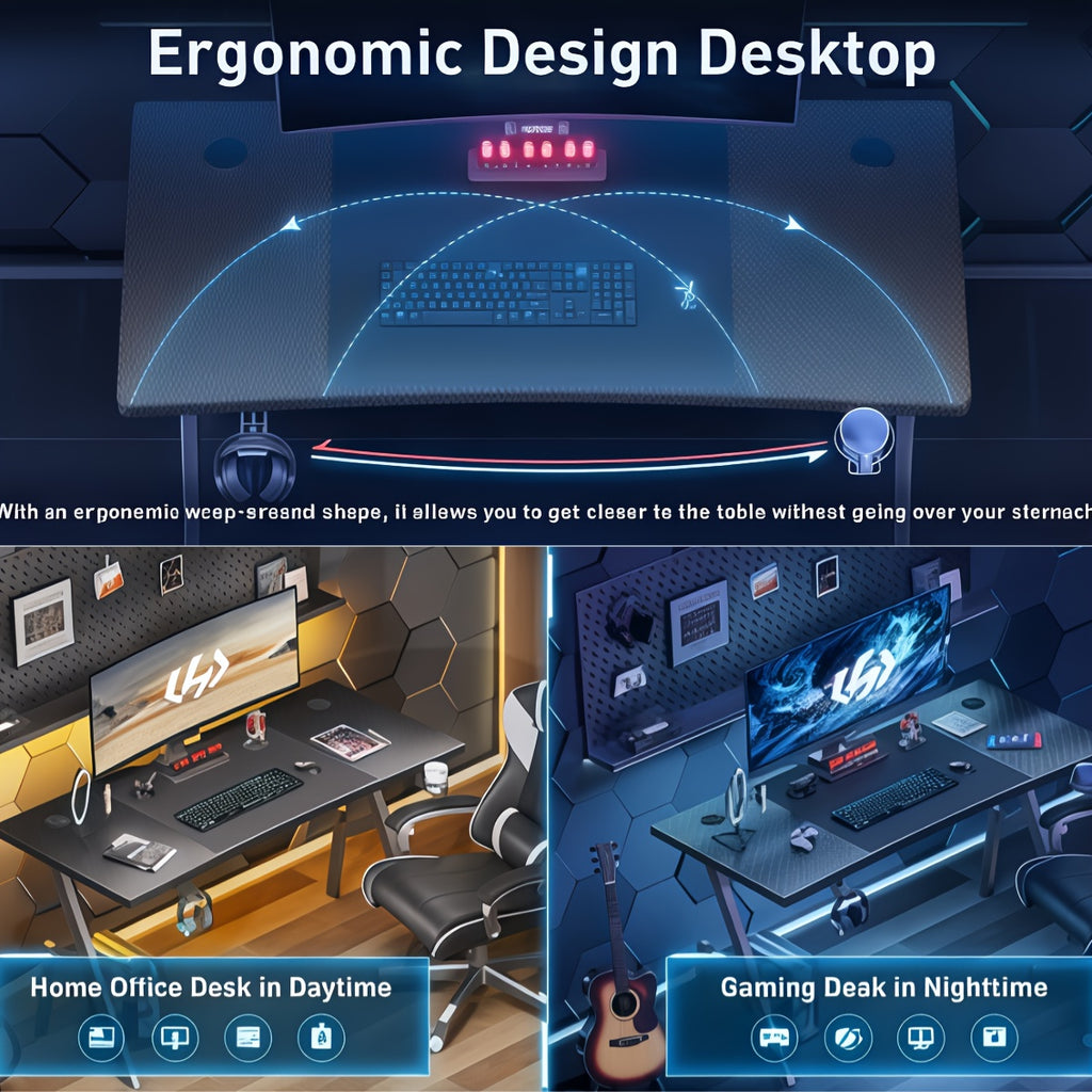 47-inch Large Gaming Desk with Cable Management System, Ergonomic Carbon Fiber Surface, Cup Holder, Headphone Hook & Mouse Pad - Heavy-Duty Metal Frame & Wood Back, Spacious Workstation for Home Office, PC Gaming, Esports Set