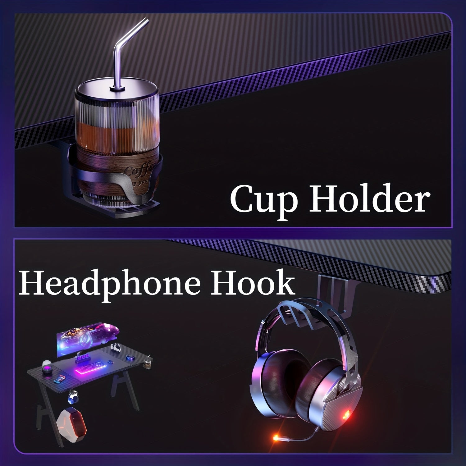 Escritorio de oficina con patas en forma de A, con revestimiento de fibra de carbono, para videojuegos con gancho para auriculares y portavasos, el regalo perfecto para tu novio, ergonómico, de estudio, moderno y elegante.