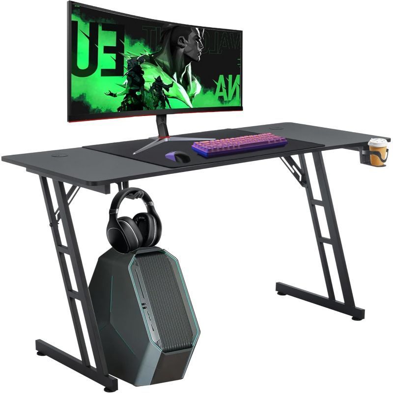Ergonomic Height-Adjustable Gaming Desk with Carbon Fiber Surface, Cable Management Holes, Headphone Holder & Cup Cup Holder - Durable Plastic Computer Desk for PC Gamers & Home Office, Gaming Desk Accessories, Modern Gaming