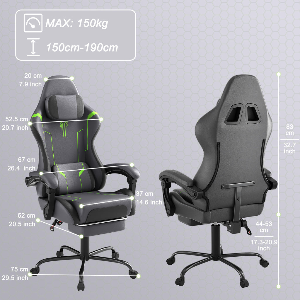 Gaming Chair Ergonomic with Adjustable Lumbar Cushion & Headrest Cushion & Armrests & Footrest Office Chair PC Computer Chair 135° Tilt Racing Gamer Chair, 150kg Load Capacity, Gaming Chairs for Gamers, Gaming Chair with Lum