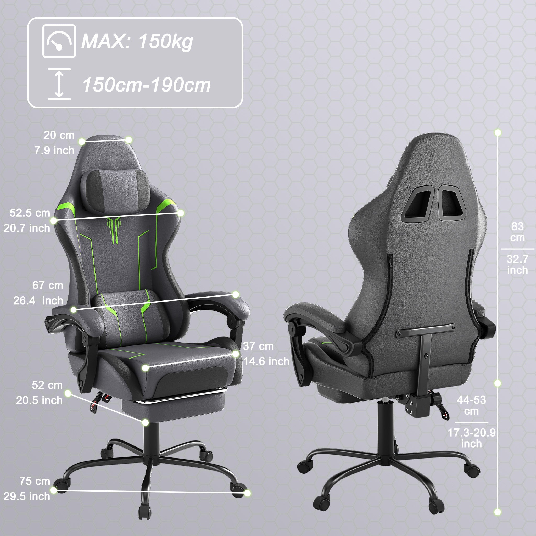 Gaming Chair Ergonomic with Adjustable Lumbar Cushion & Headrest Cushion & Armrests & Footrest Office Chair PC Computer Chair 135° Tilt Racing Gamer Chair, 150kg Load Capacity, Gaming Chairs for Gamers, Gaming Chair with Lum