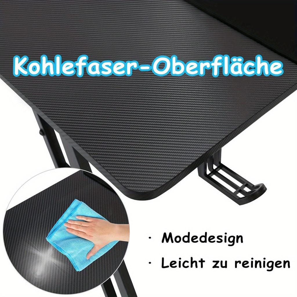 Ergonomic Height-Adjustable Gaming Desk with Carbon Fiber Surface, Cable Management Holes, Headphone Holder & Cup Cup Holder - Durable Plastic Computer Desk for PC Gamers & Home Office, Gaming Desk Accessories, Modern Gaming