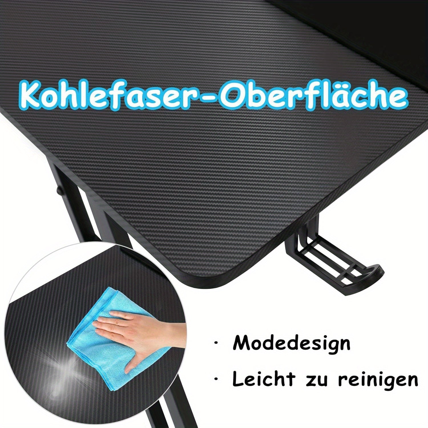 Ergonomic Height-Adjustable Gaming Desk with Carbon Fiber Surface, Cable Management Holes, Headphone Holder & Cup Cup Holder - Durable Plastic Computer Desk for PC Gamers & Home Office, Gaming Desk Accessories, Modern Gaming