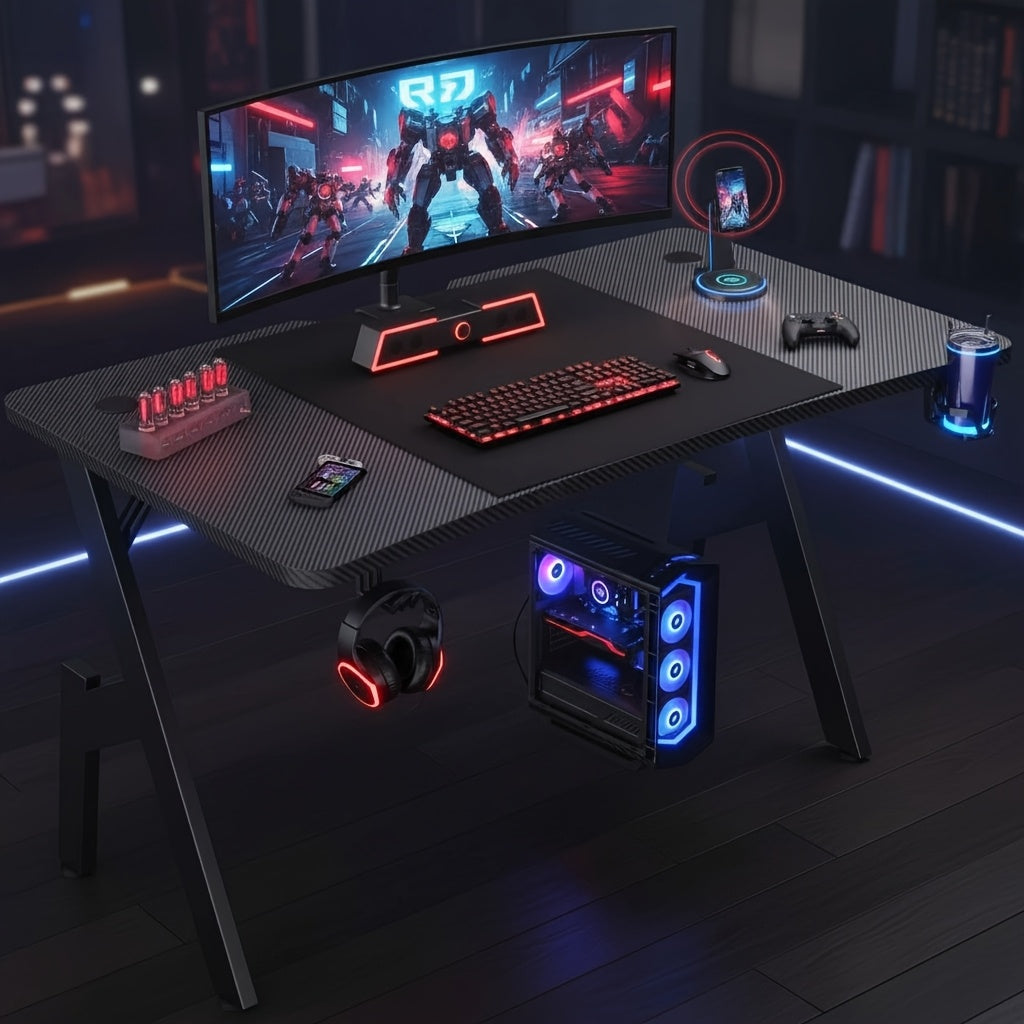 Gaming Table, Ergonomic Carbon Fiber Gamer Table, 120/140cm Computer Table with Cup Holder And Headphone Hook, Office Desk for Study, Gaming And Work, Black, Holiday Gifts, Halloween Gift