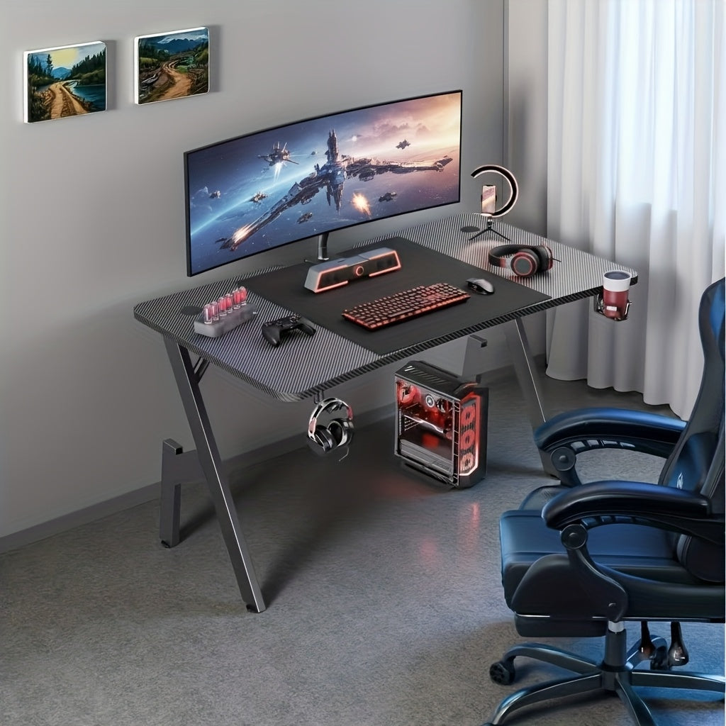 Gaming Table, Ergonomic Carbon Fiber Gamer Table, 120/140cm Computer Table with Cup Holder And Headphone Hook, Office Desk for Study, Gaming And Work, Black, Holiday Gifts, Halloween Gift